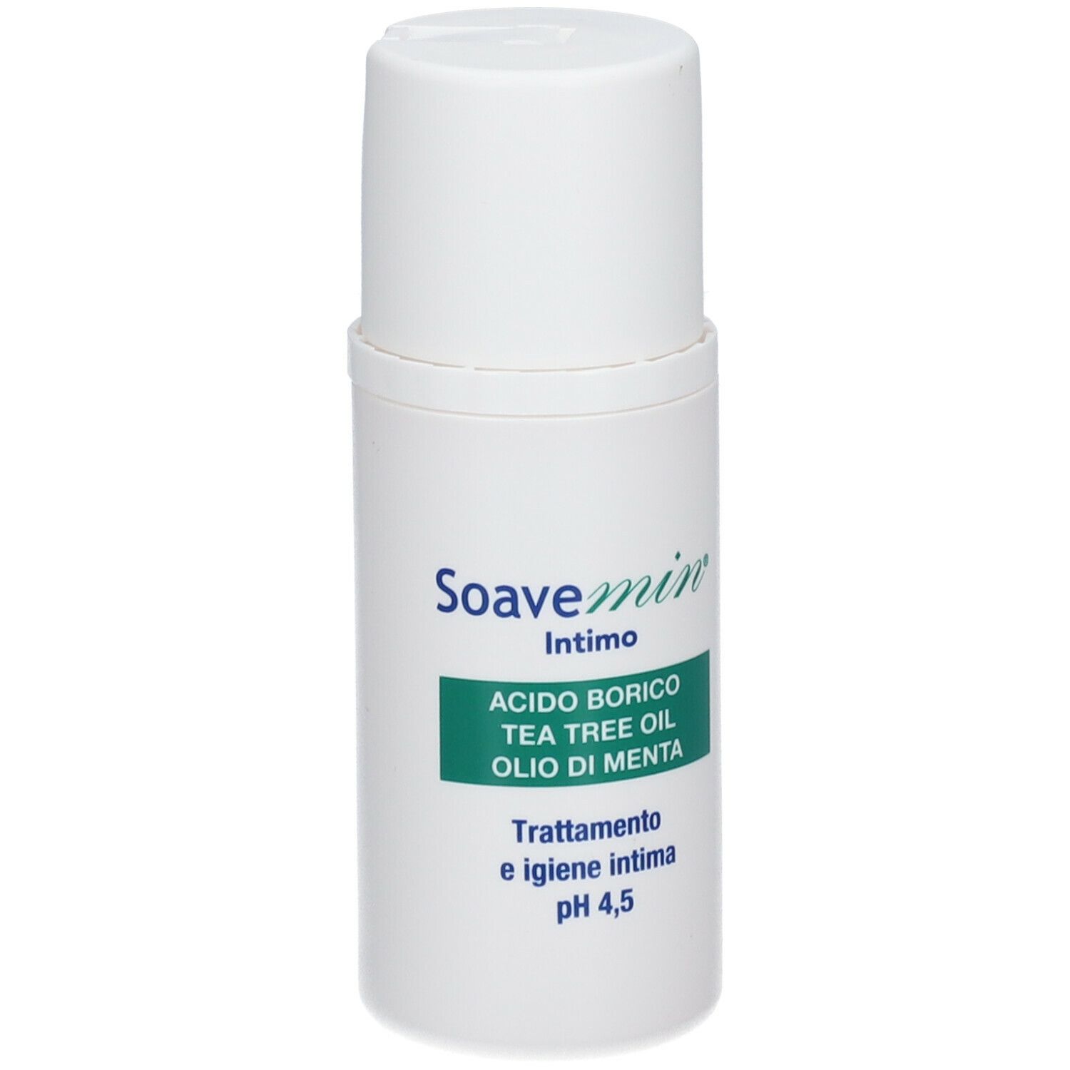 Flacone bianco con tappo bianco. Scritto: Soavemin Intimo, Acido borico, Tea Tree Oil, Olio di Menta. pH 4,5.