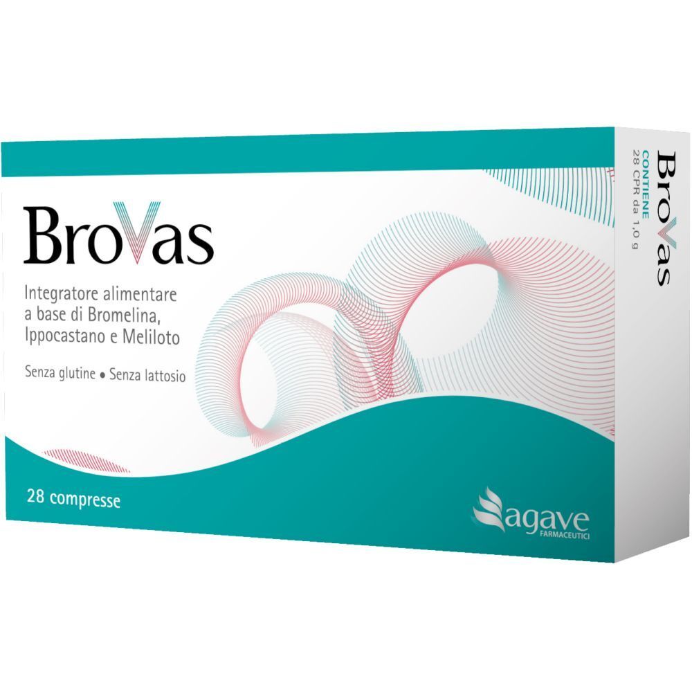 Scatola Brovas, 28 compresse. Confezione turchese e bianca, logo Agave. Senza glutine e lattosio.