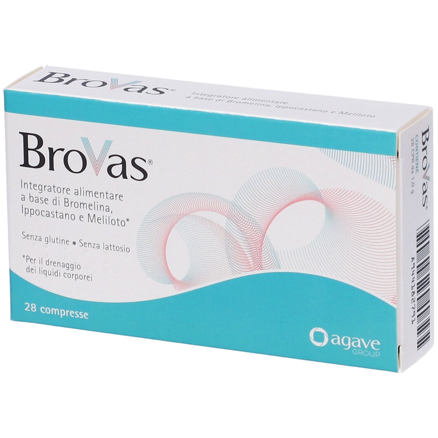 Scatola Brovas, 28 compresse. Confezione turchese e bianca, logo Agave. Testo: 'Integratore alimentare'.