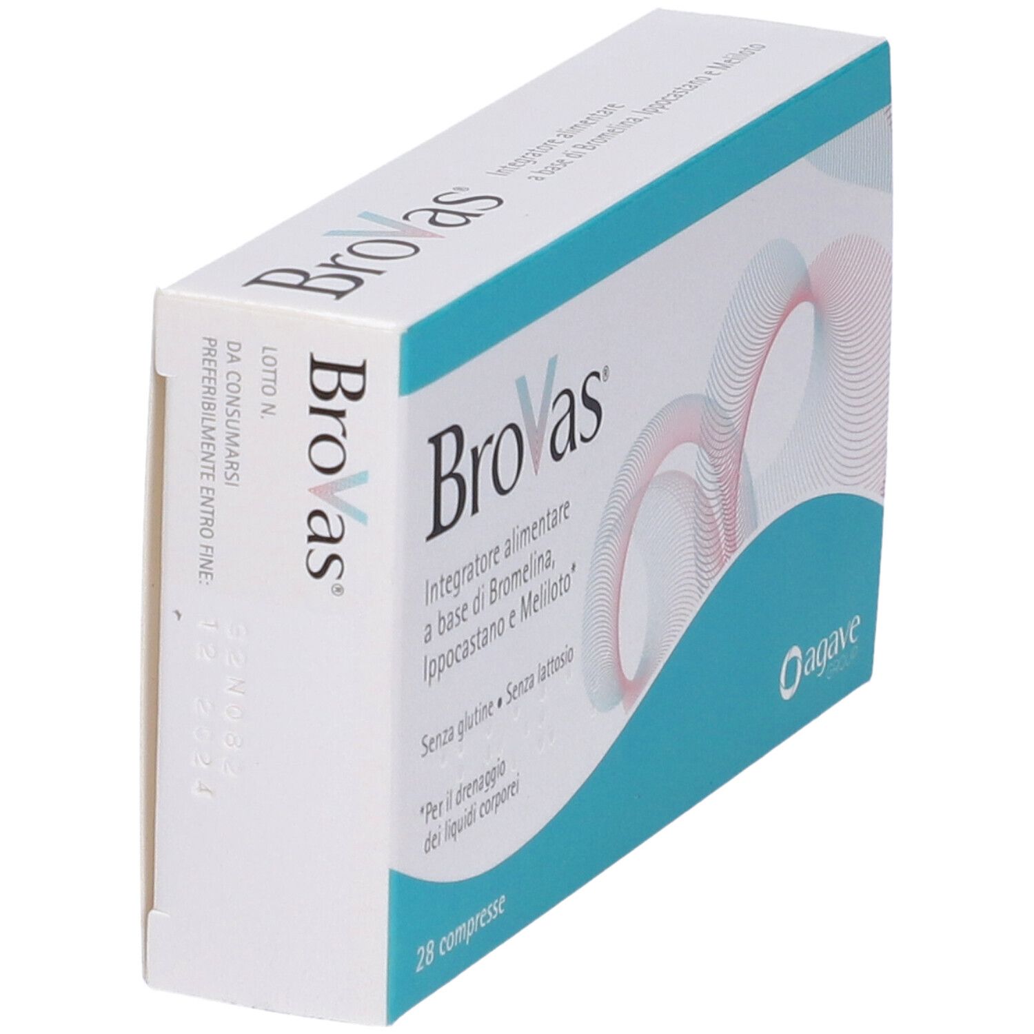 Scatola Brovas, 28 compresse. Confezione turchese e bianca, logo Agave. Testo: 'Integratore alimentare'.