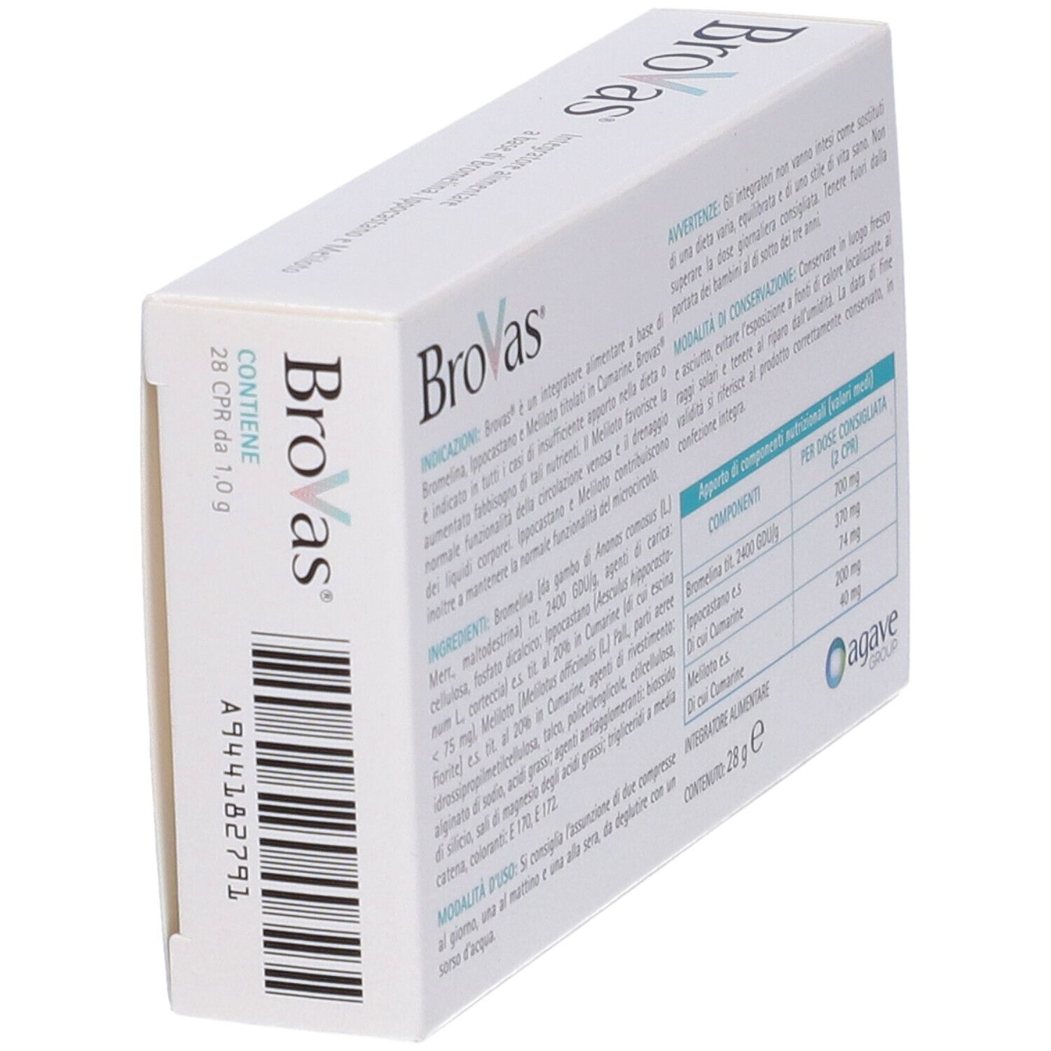 Retro scatola Brovas. Ingredienti, informazioni nutrizionali e logo Agave. Contenuto: 28 g.