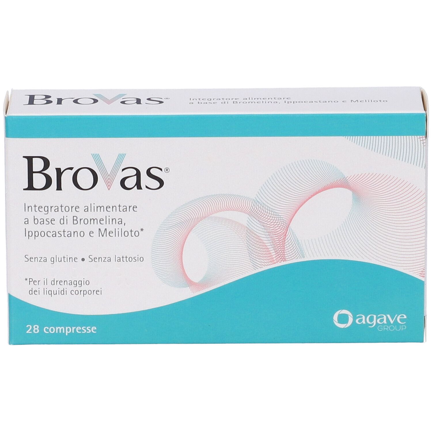 Scatola Brovas, 28 compresse. Confezione turchese e bianca, logo Agave. Testo: 'Integratore alimentare'.