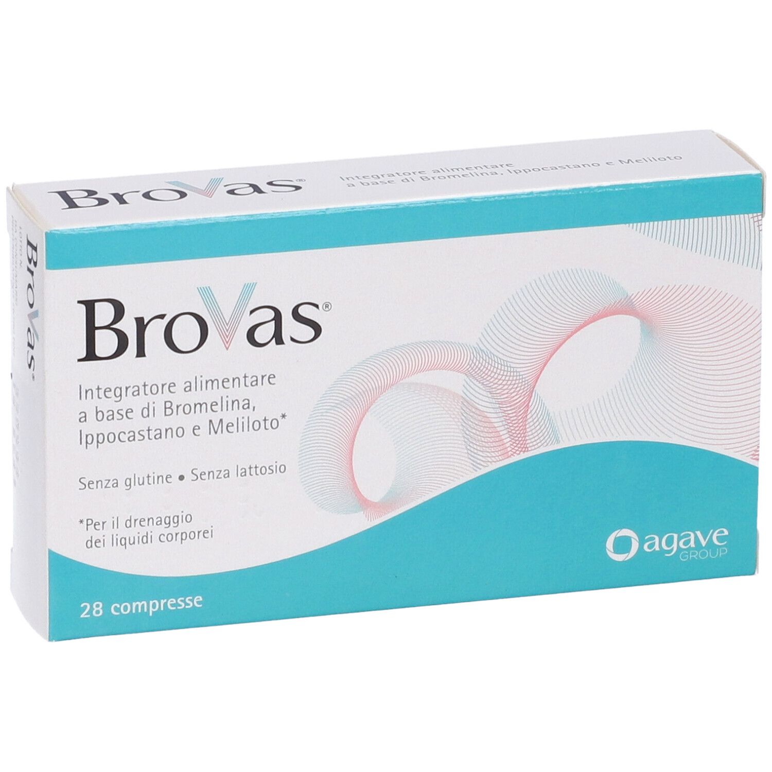 Scatola Brovas, 28 compresse. Confezione turchese e bianca, logo Agave. Testo: 'Integratore alimentare'.