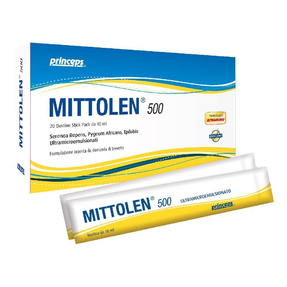 Confezione di Mittolen 500 con due stick. Scatola bianca e blu con nome del prodotto e ingredienti.