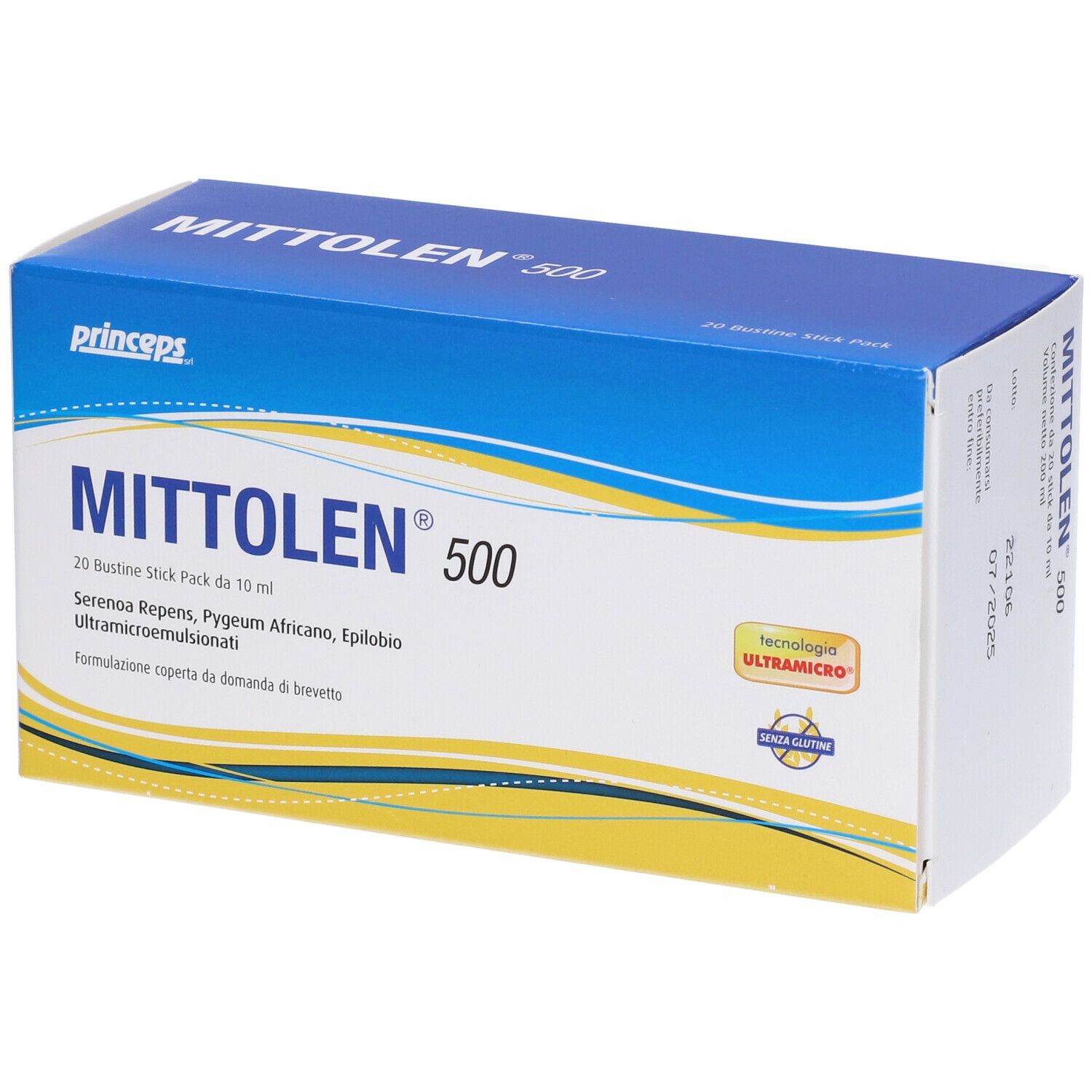 Confezione di Mittolen 500, scatola bianca e blu. Nome del prodotto, ingredienti e certificazioni visibili.