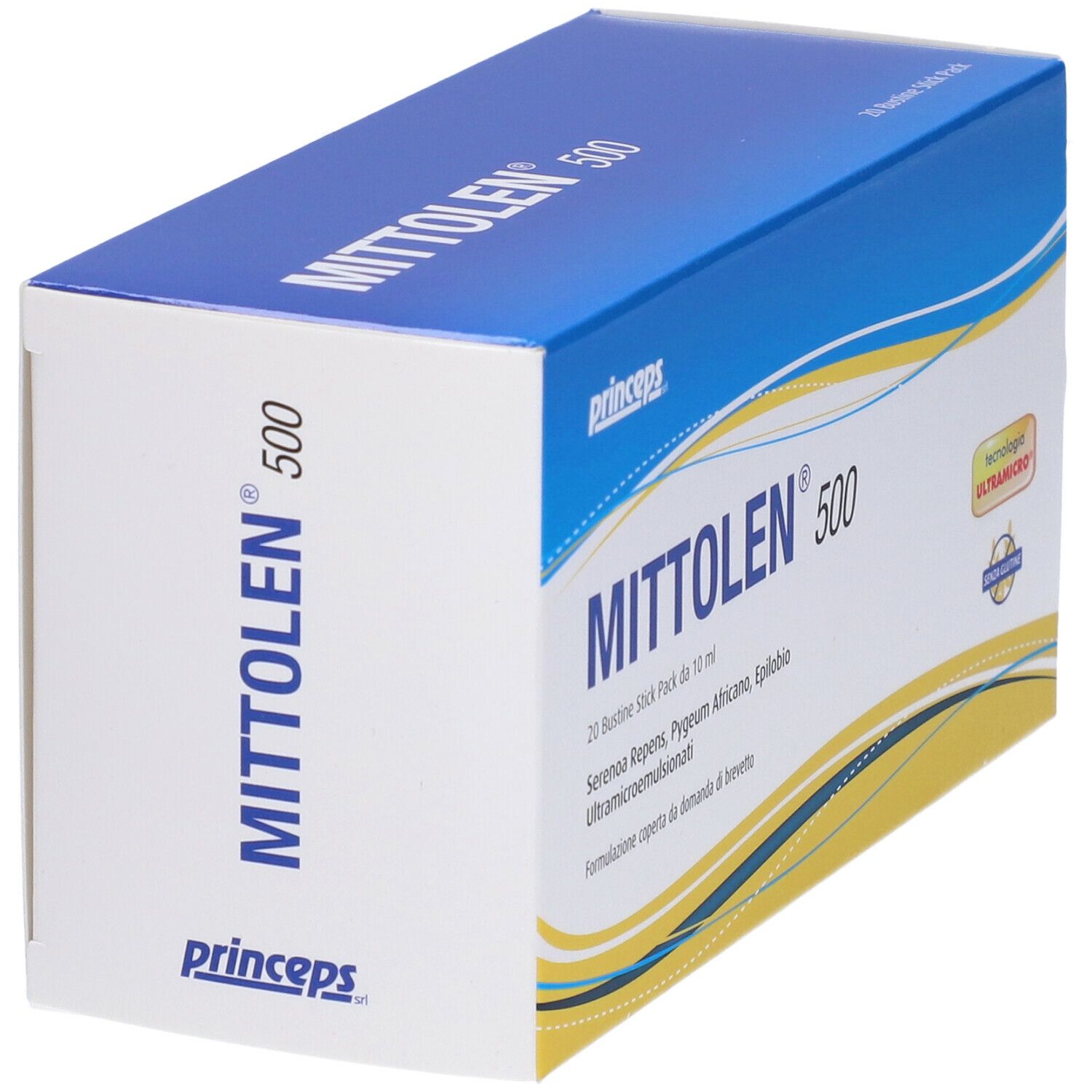 Confezione di Mittolen 500, scatola bianca e blu. Nome del prodotto, ingredienti e certificazioni visibili.