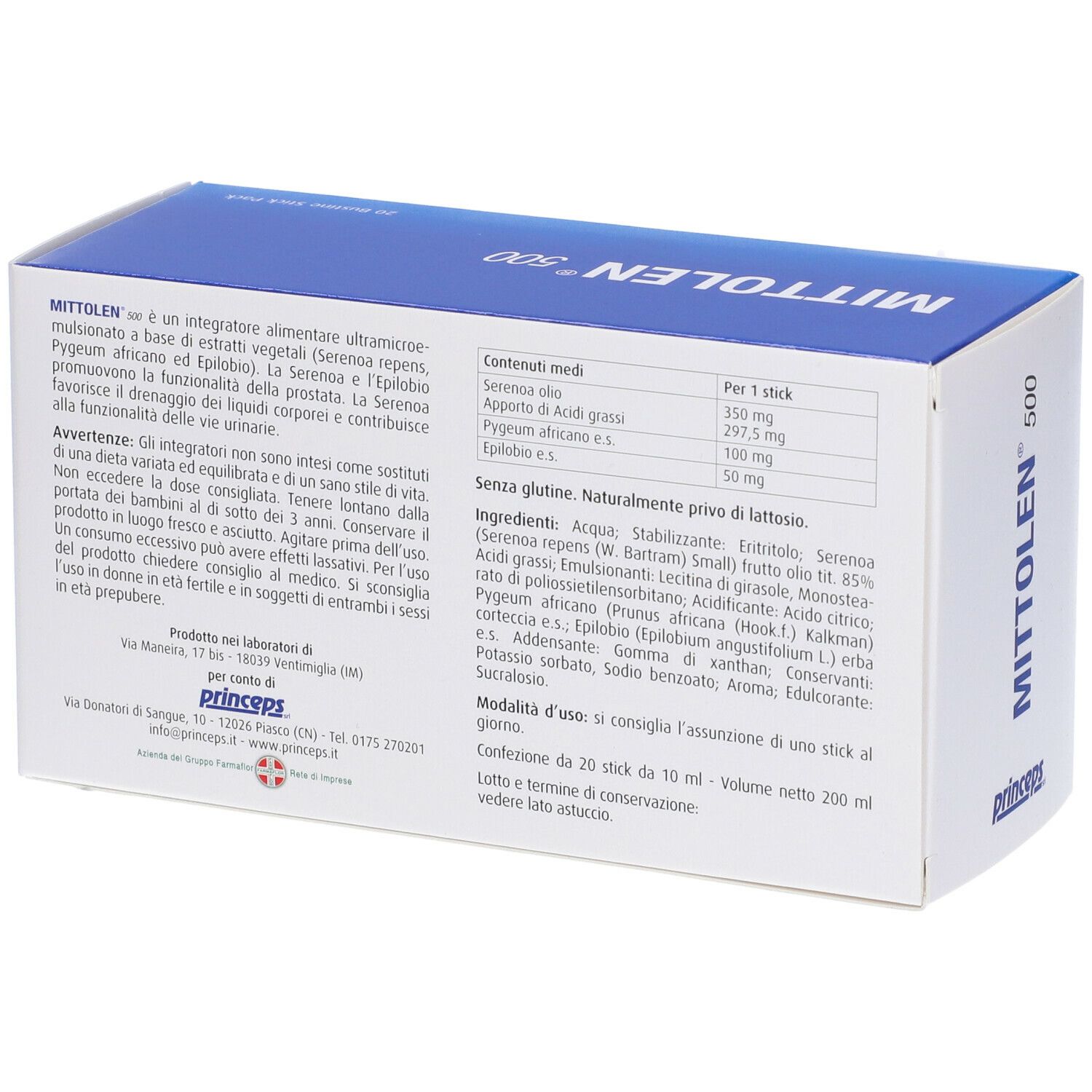 Confezione di Mittolen 500, scatola bianca e blu. Nome del prodotto, ingredienti e certificazioni visibili.