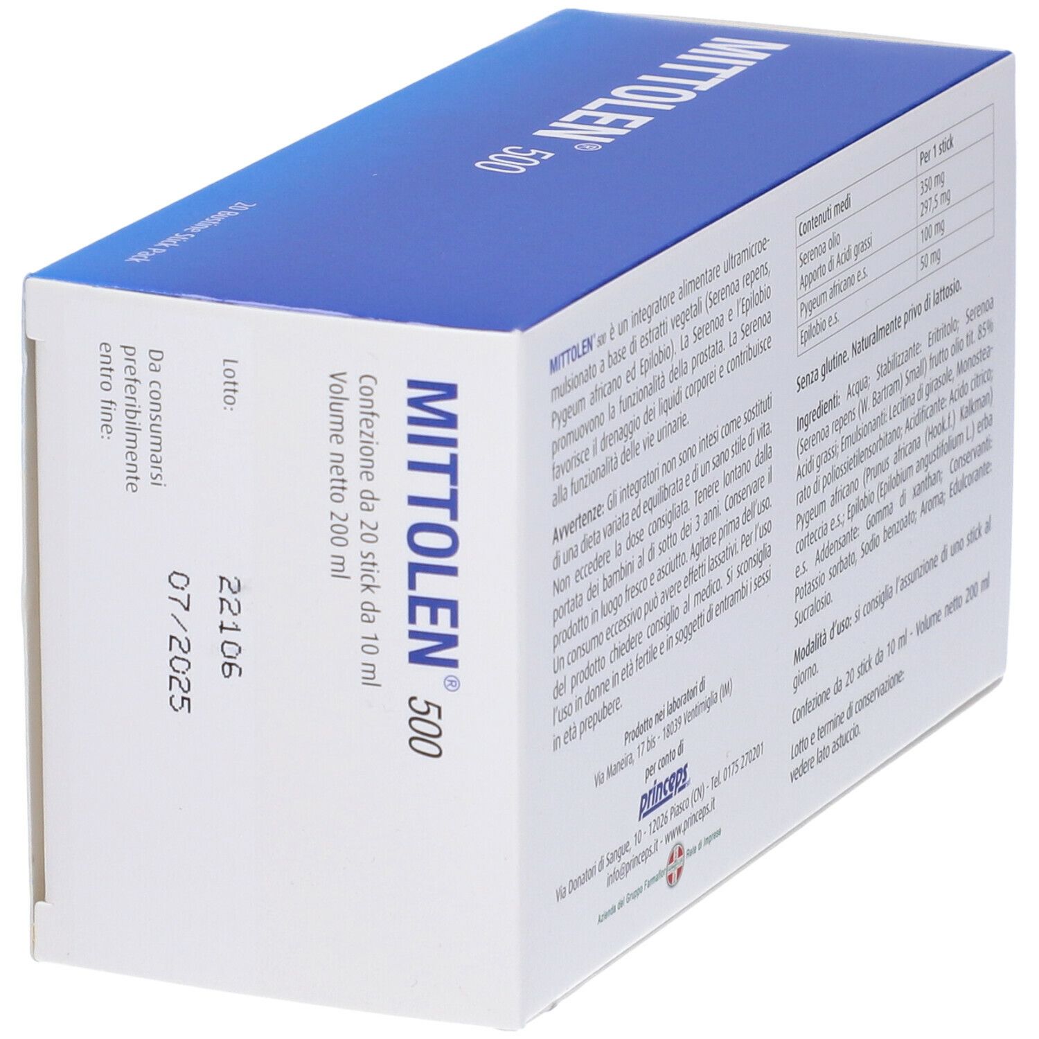 Retro della confezione di Mittolen 500. Contiene ingredienti, istruzioni per l'uso e informazioni del produttore.