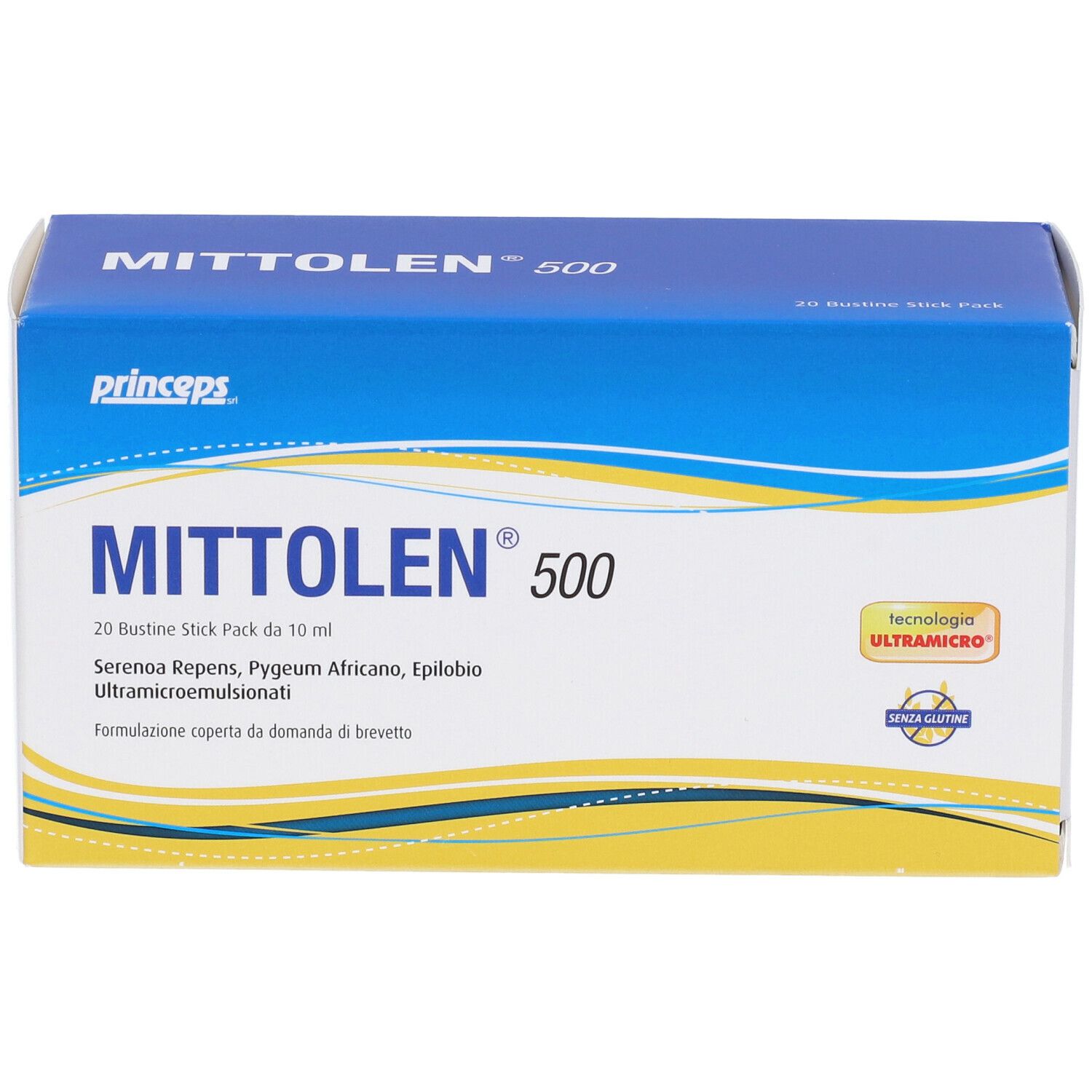 Confezione di Mittolen 500, scatola bianca e blu. Nome del prodotto, ingredienti e certificazioni visibili.