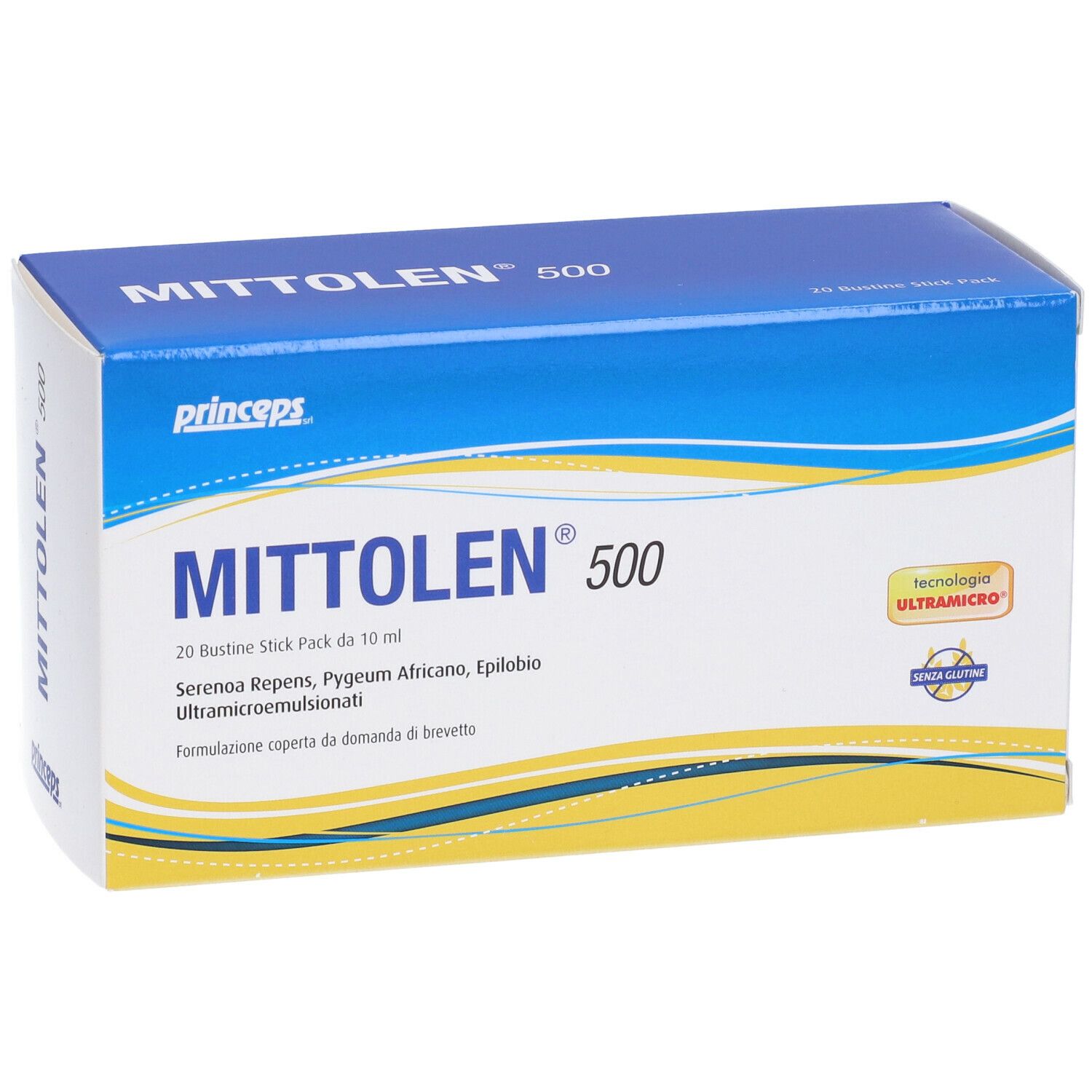 Confezione di Mittolen 500, scatola bianca e blu. Nome del prodotto, ingredienti e certificazioni visibili.