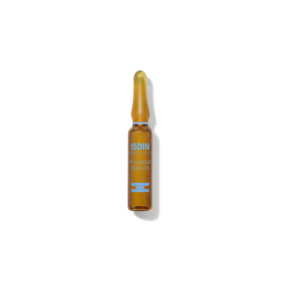 Fiala marrone con logo ISDIN. Contiene Hyaluronic Booster.