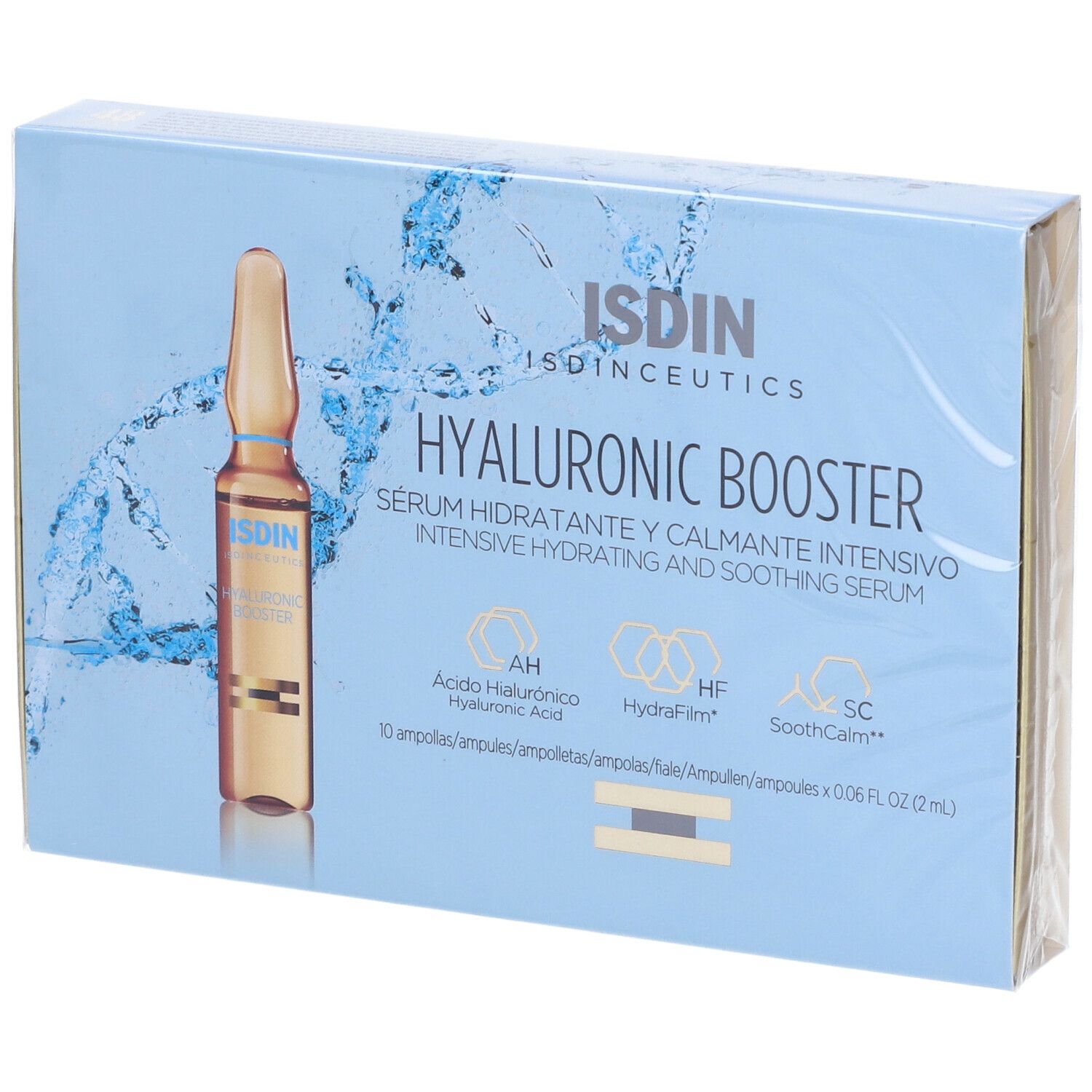 Confezione: ISDIN Hyaluronic Booster. 10 fiale. Idratazione intensiva.
