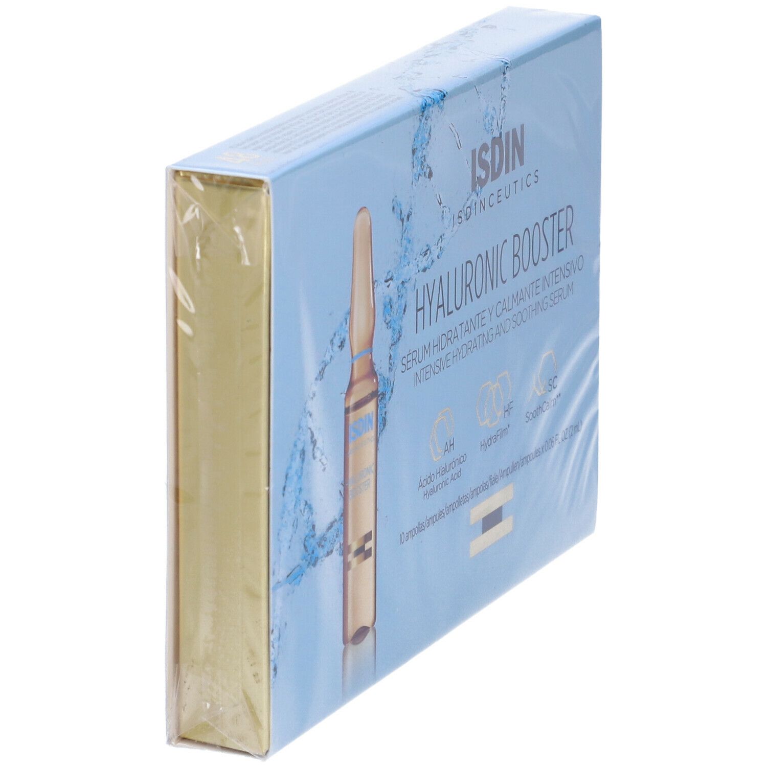 Confezione: ISDIN Hyaluronic Booster. 10 fiale. Idratazione intensiva.
