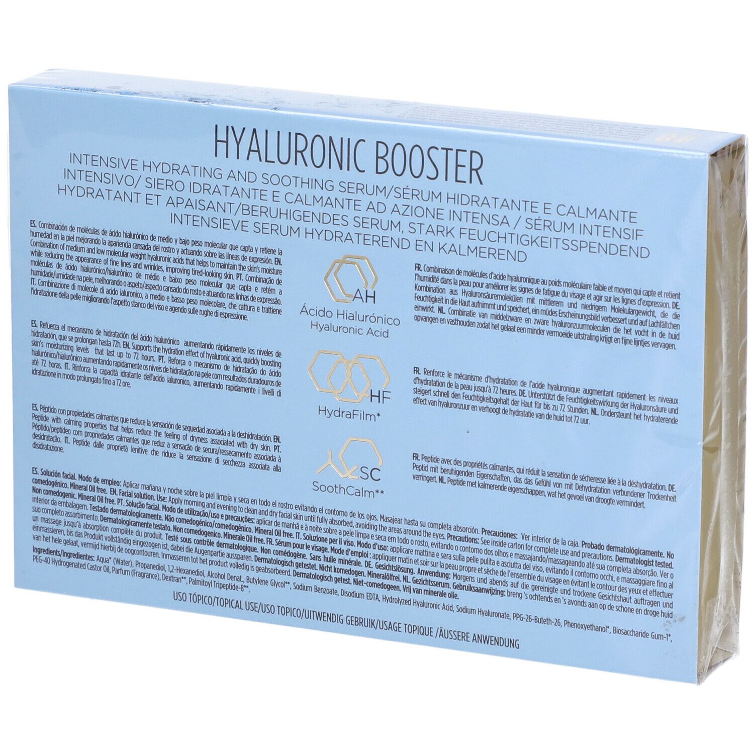 Confezione: ISDIN Hyaluronic Booster. 10 fiale. Retro con testo.