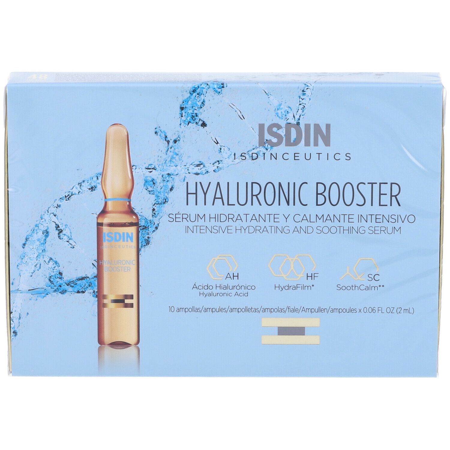 Confezione: ISDIN Hyaluronic Booster. 10 fiale. Idratazione intensiva.