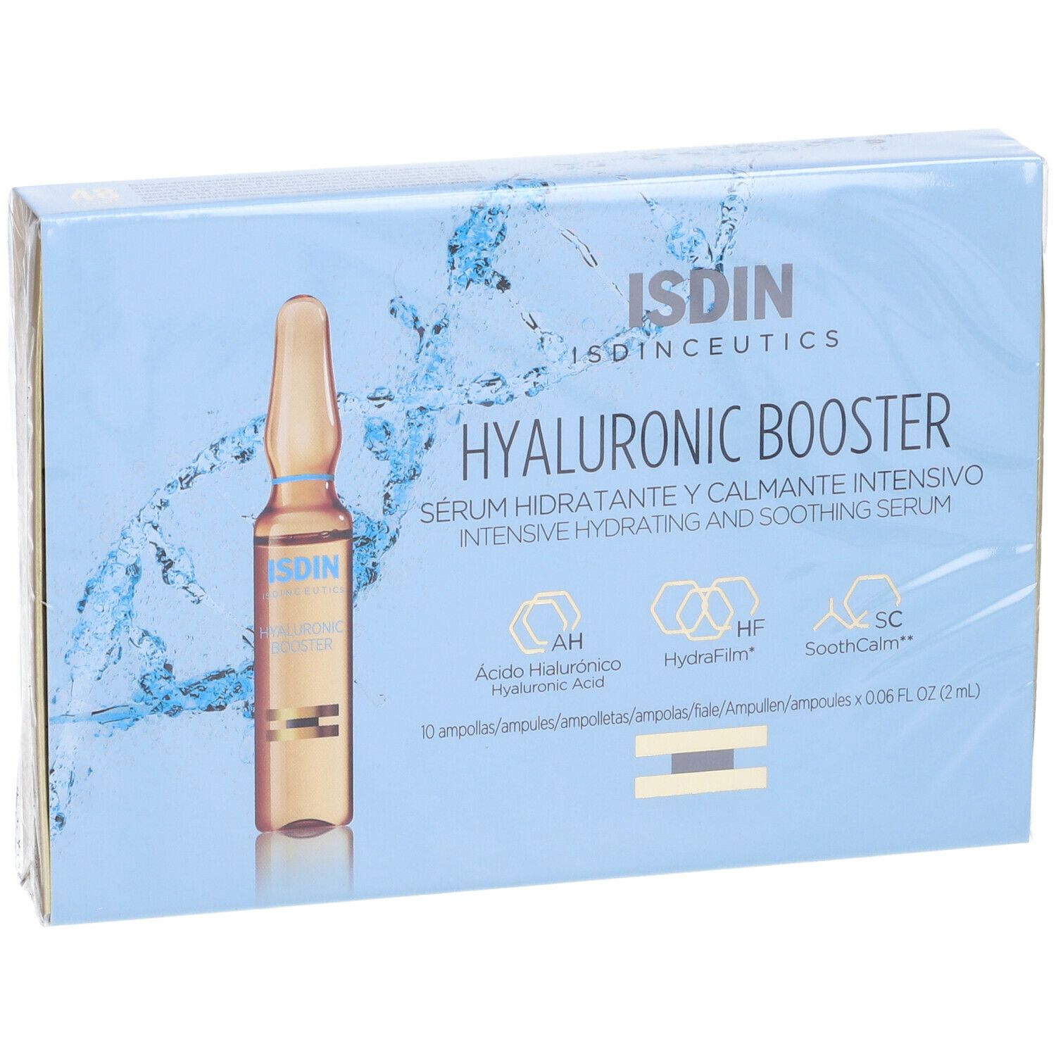 Confezione: ISDIN Hyaluronic Booster. 10 fiale. Idratazione intensiva.