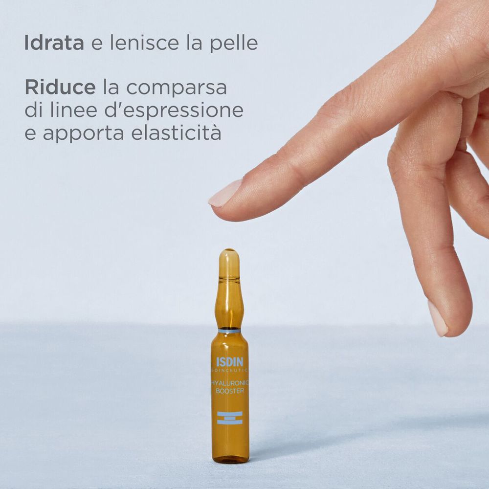 Mano con fiala. Testo: Idratata e lenisce la pelle. Riduce le rughe.