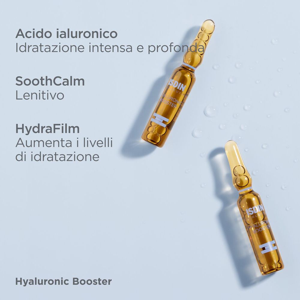Due fiale. Testo: Acido ialuronico, SoothCalm, HydraFilm. Hyaluronic Booster.