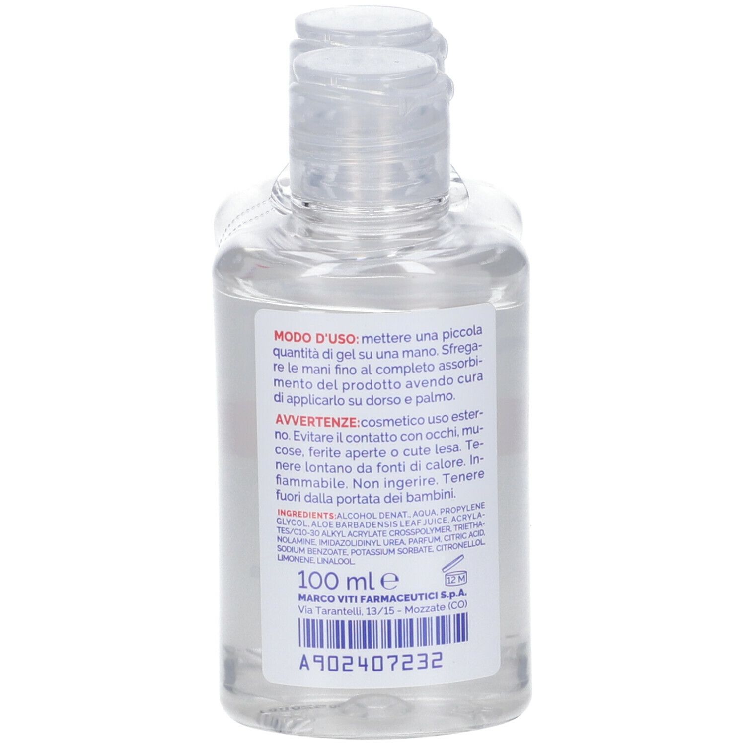 Flacone trasparente con tappo a ribalta. Etichetta con testo e ingredienti. 100 ml.