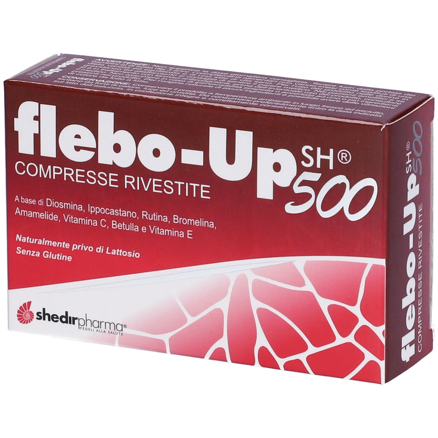Scatola rossa con nome del prodotto e ingredienti. Marchio Shedir Pharma. Testo: Compresse Rivestite.