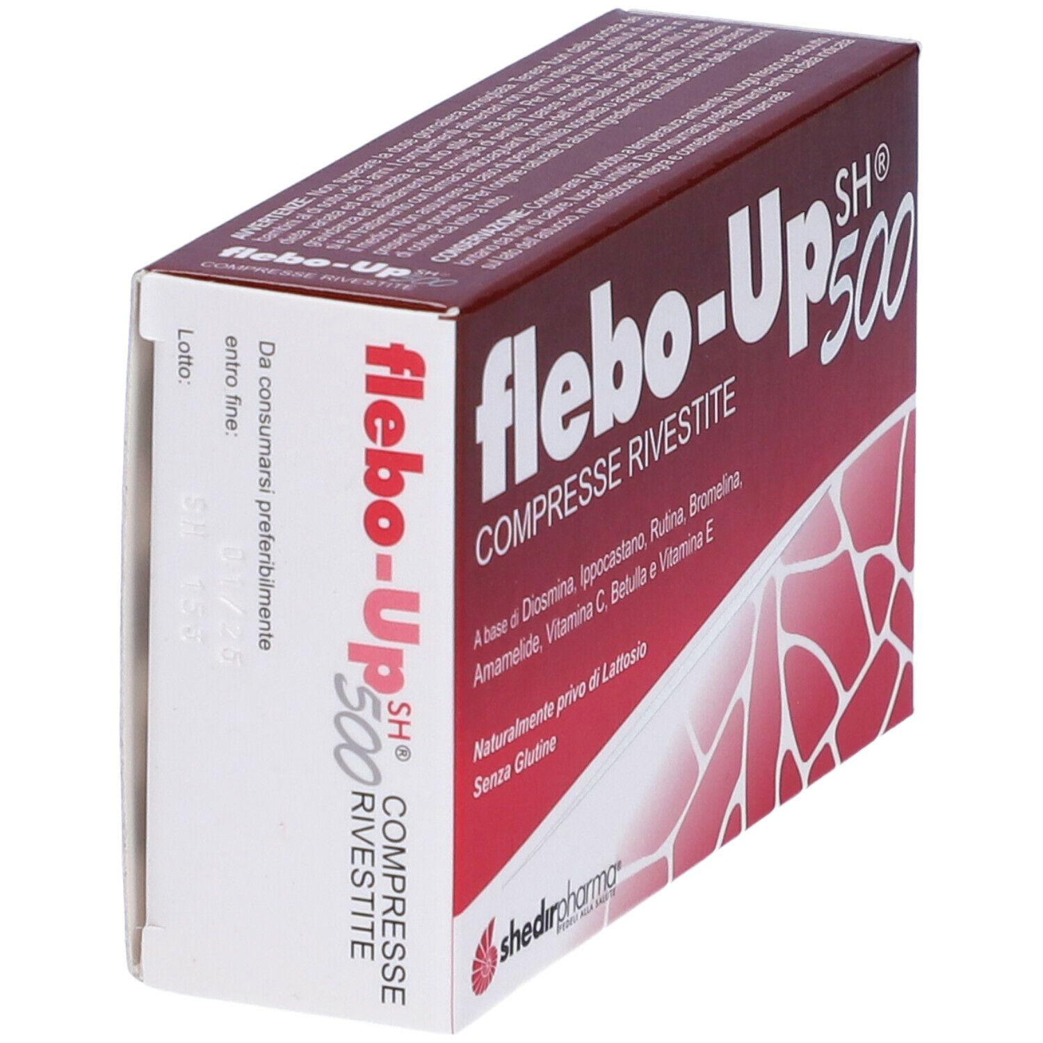 Scatola rossa, nome del prodotto e testo. Marchio Shedir Pharma. Testo: Compresse Rivestite. Stampa: 'Da consumarsi preferibilmente entro fine'.