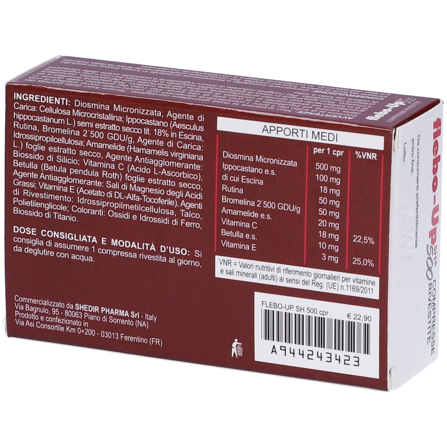 Retro della scatola rossa con ingredienti e informazioni nutrizionali. Marchio Shedir Pharma. Testo: 'Dose consigliata e modalità d'uso'.