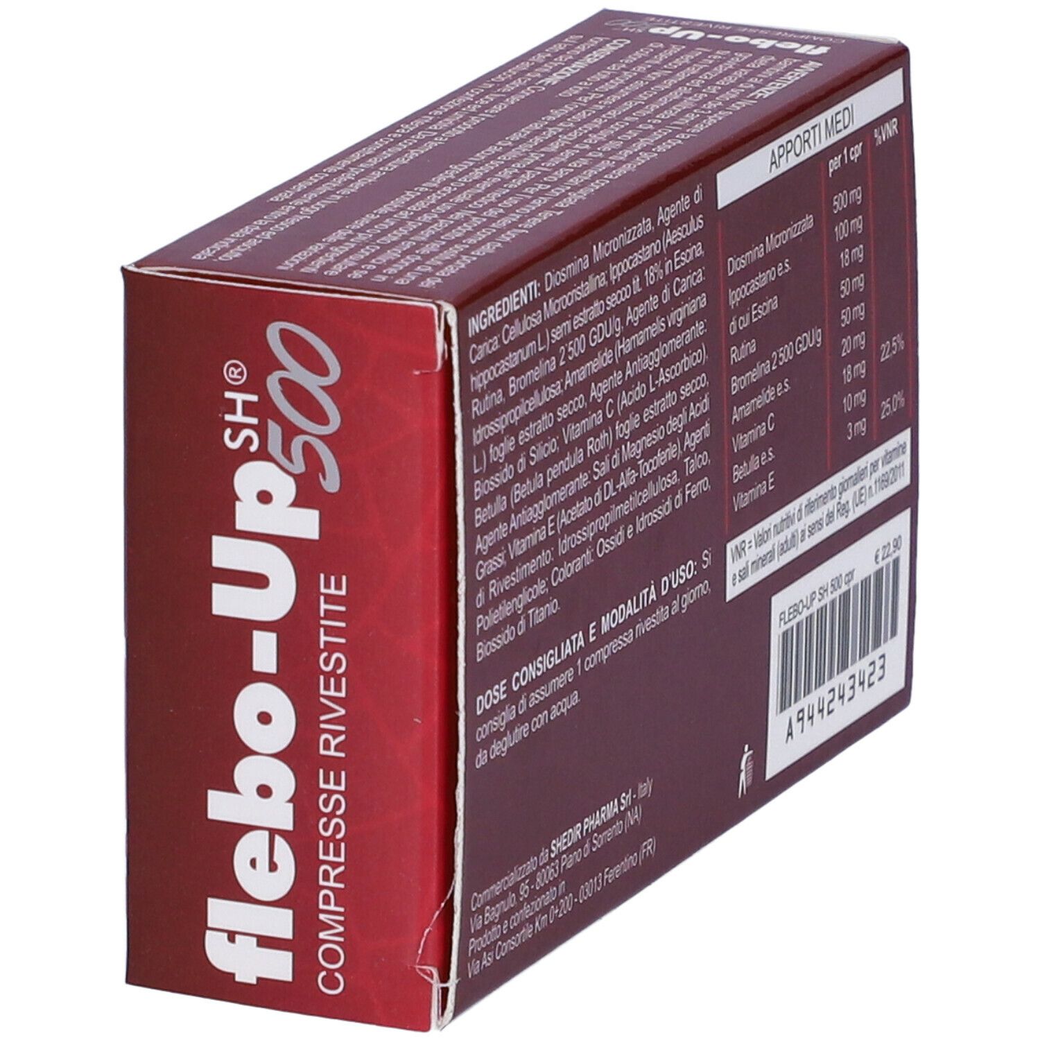 Scatola rossa con nome del prodotto e testo. Marchio Shedir Pharma. Testo: Compresse Rivestite. Stampa: Ingredienti e informazioni nutrizionali.