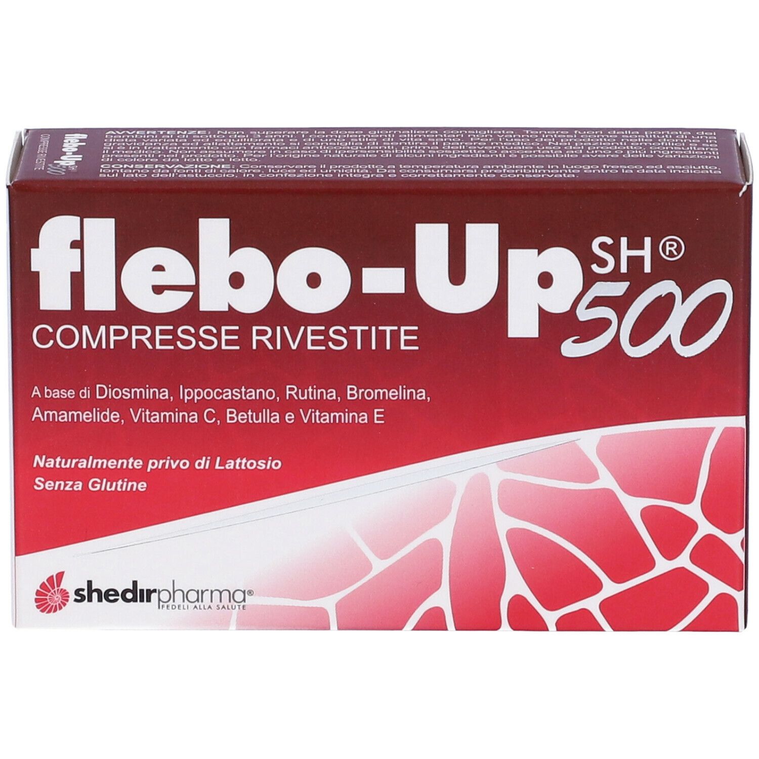 Scatola rossa con nome del prodotto e ingredienti. Marchio Shedir Pharma. Testo: Compresse Rivestite. Stampa: 'Senza Glutine'.