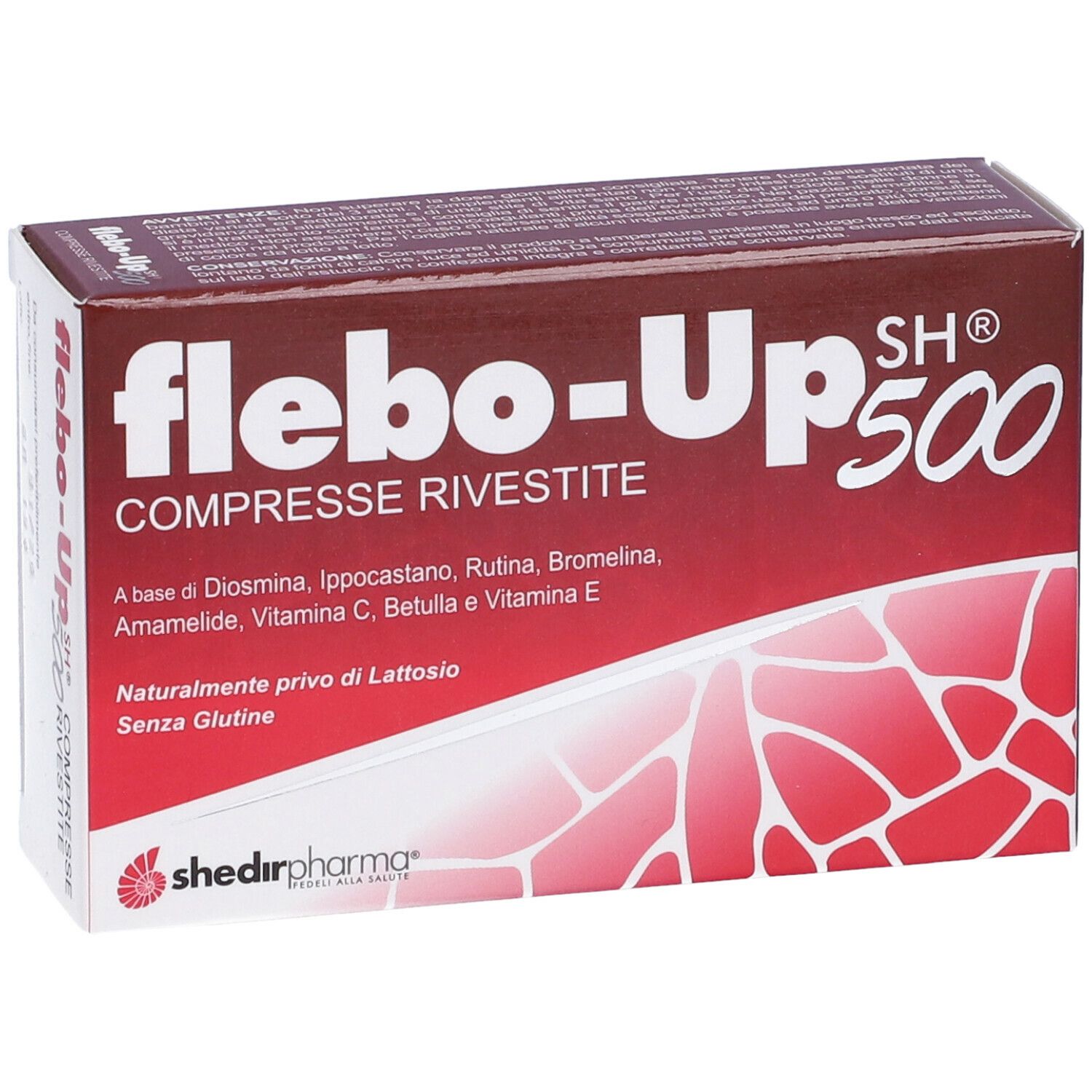 Scatola rossa con nome del prodotto e ingredienti. Marchio Shedir Pharma. Testo: Compresse Rivestite. Stampa: 'Senza Glutine'.