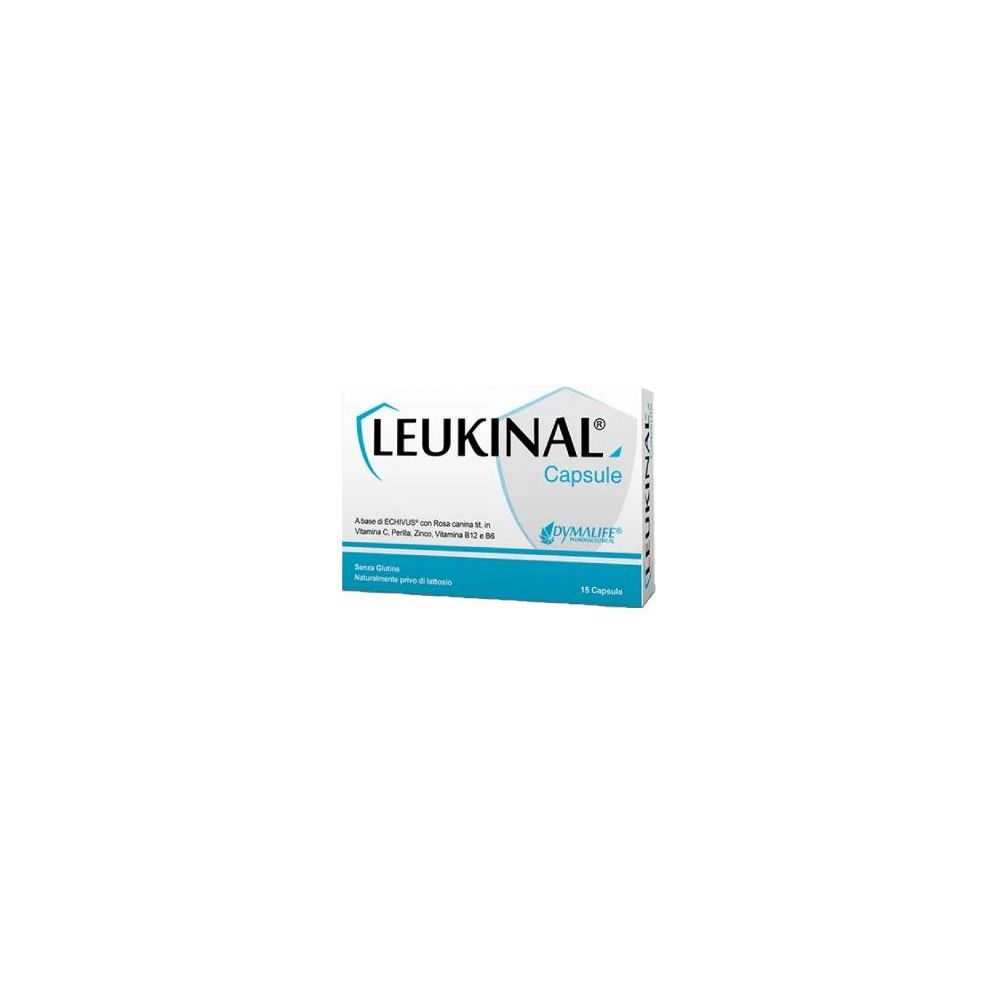 Scatola di LEUKINAL Capsule. Bianco, blu e verde. Scritta: 15 capsule. Marchio DYMALIFE.