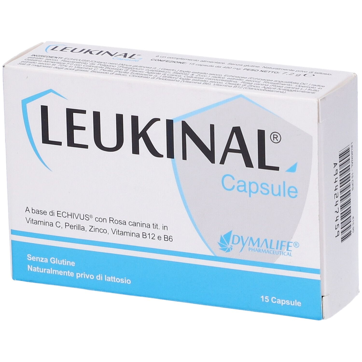 Scatola LEUKINAL Capsule. Bianco, blu. Scritta: 15 capsule. Contiene Vitamina C, Zinco, B12, B6. Marchio DYMALIFE.