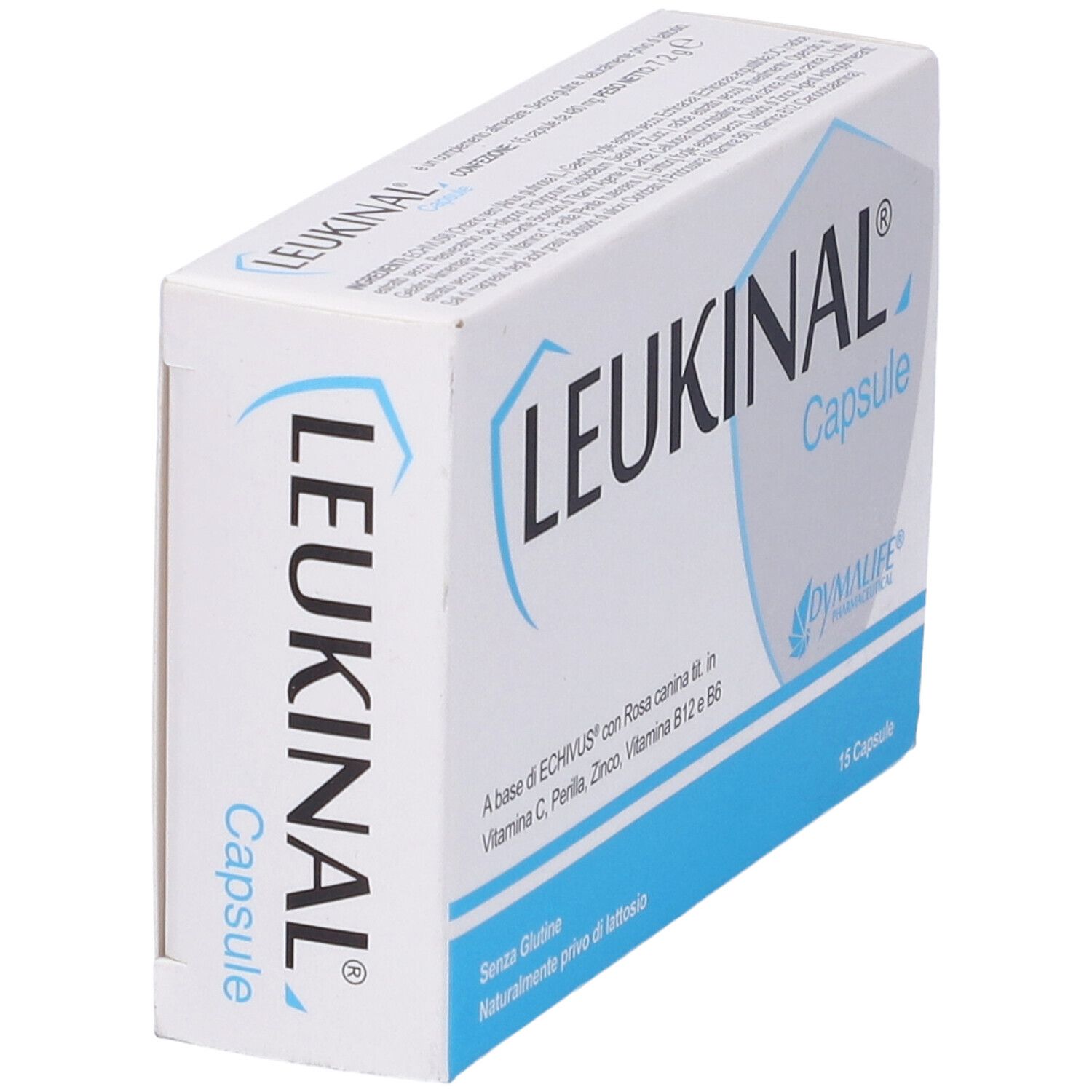 Scatola LEUKINAL Capsule. Bianco, blu. Scritta: 15 capsule. Contiene Vitamina C, Zinco, B12, B6. Marchio DYMALIFE.