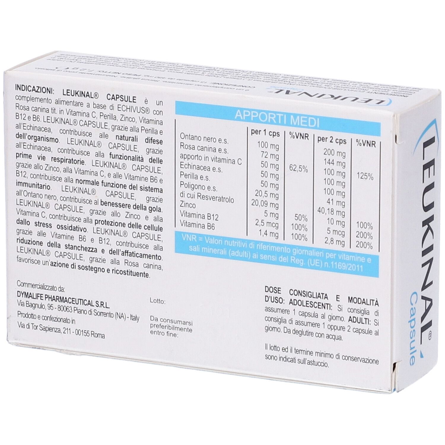 Retro della scatola LEUKINAL Capsule. Contiene informazioni nutrizionali e dosaggio. Marchio DYMALIFE.