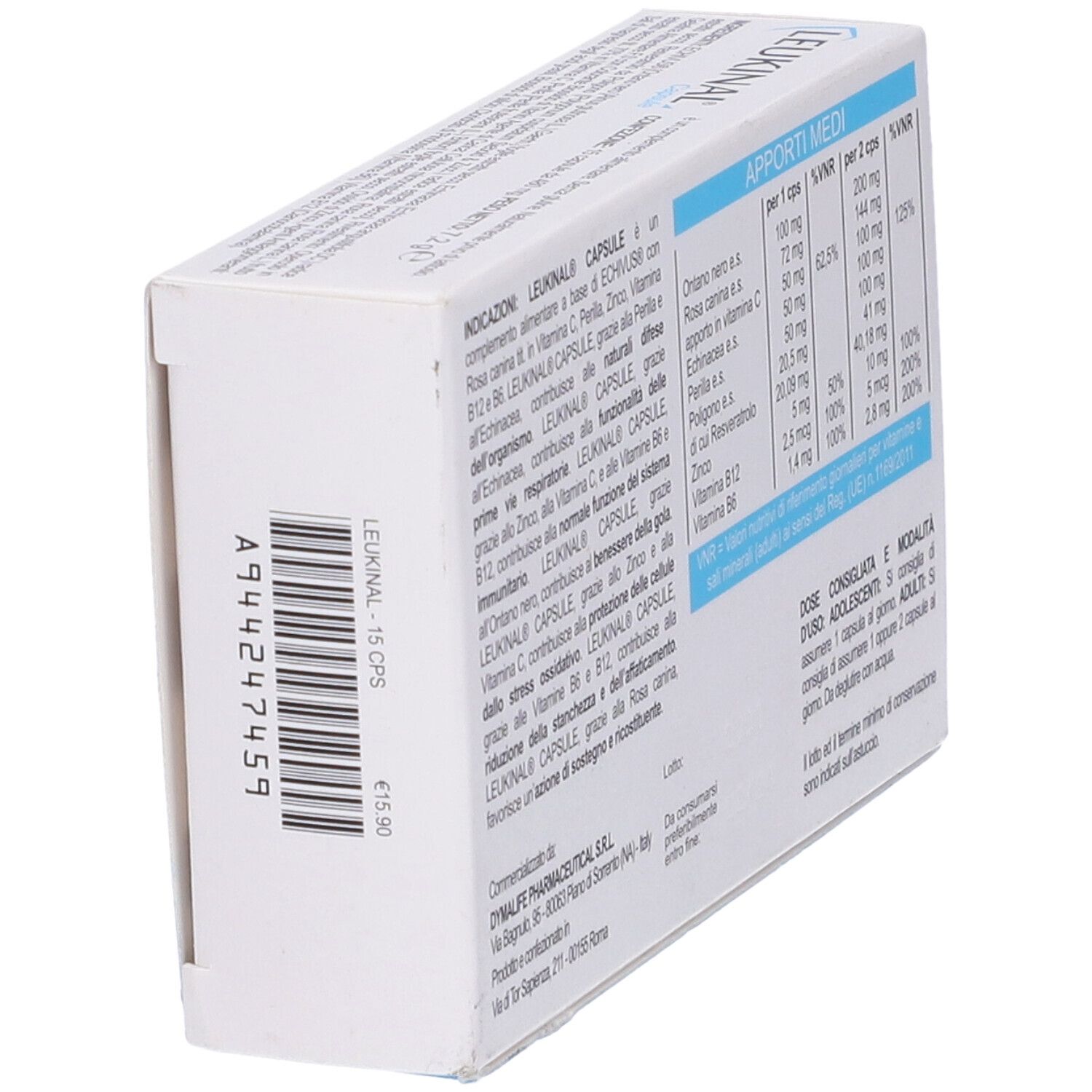 Scatola LEUKINAL Capsule. Contiene informazioni nutrizionali e dosaggio. Marchio DYMALIFE. Vista laterale.