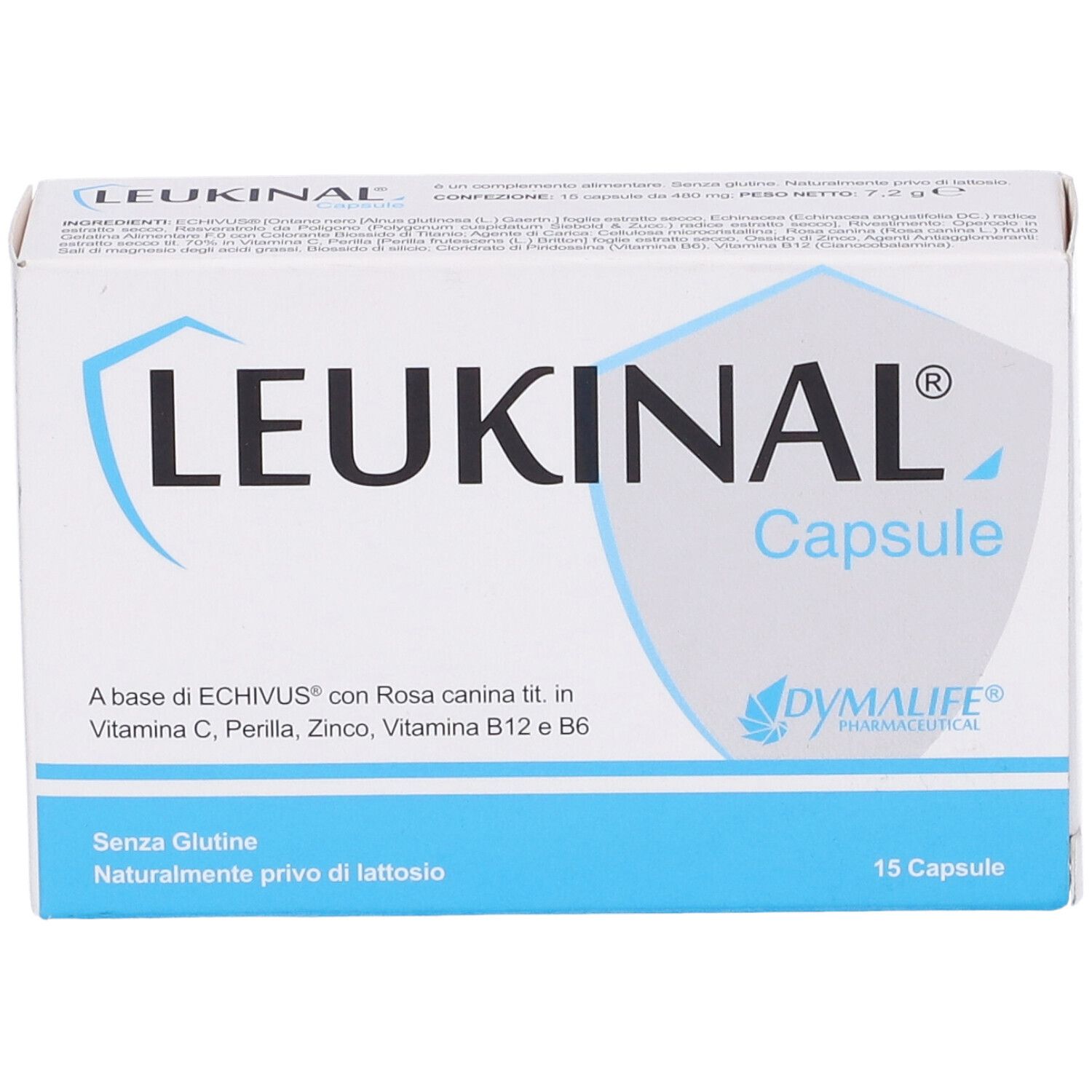Scatola LEUKINAL Capsule. Bianco, blu. Scritta: 15 capsule. Contiene Vitamina C, Zinco, B12, B6. Marchio DYMALIFE.