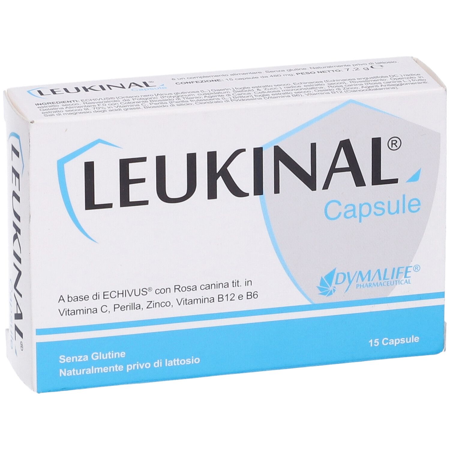 Scatola LEUKINAL Capsule. Bianco, blu. Scritta: 15 capsule. Contiene Vitamina C, Zinco, B12, B6. Marchio DYMALIFE.