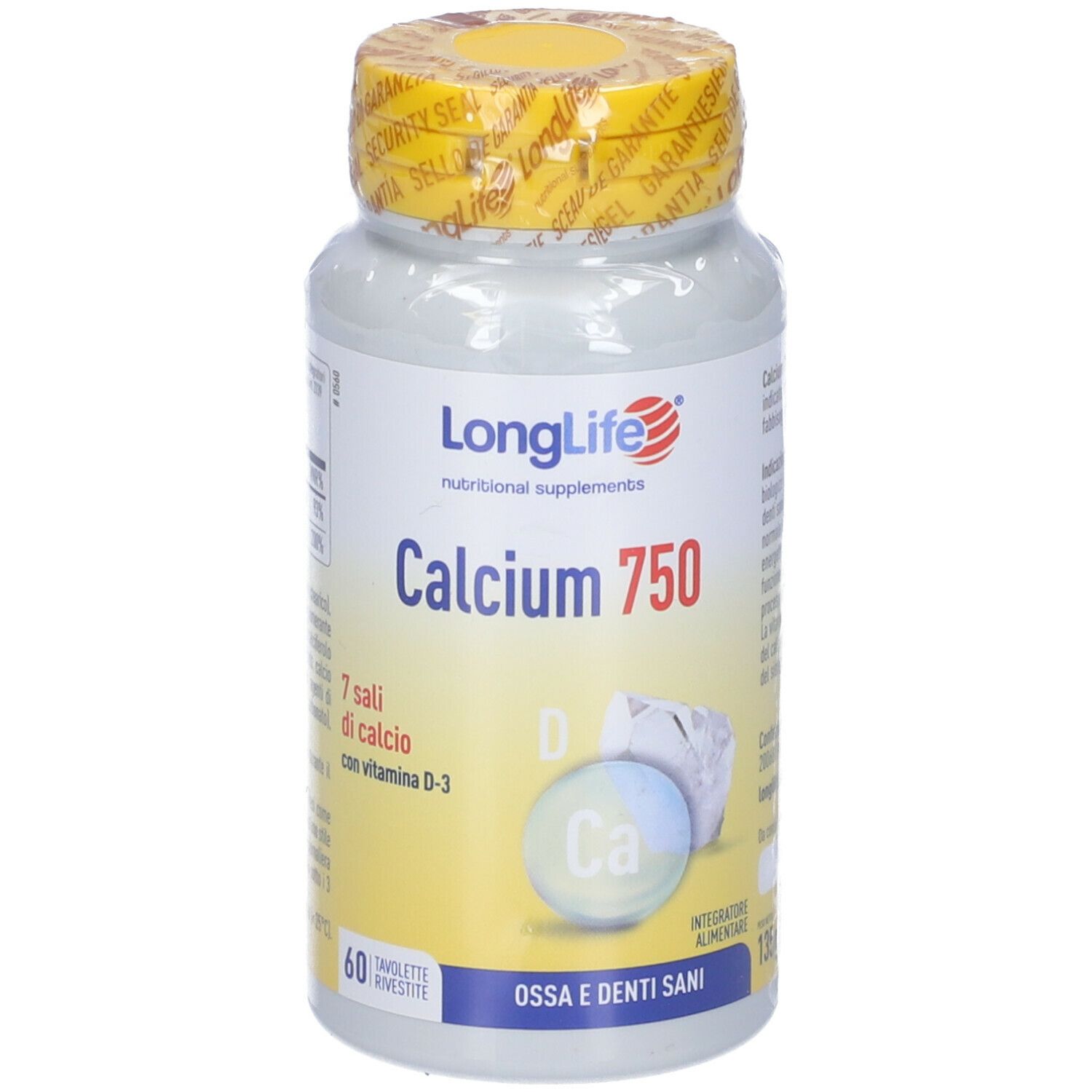 Flacone bianco con tappo giallo. Scritta: LongLife Calcium 750. Contiene 60 compresse. Sigillo sul coperchio.