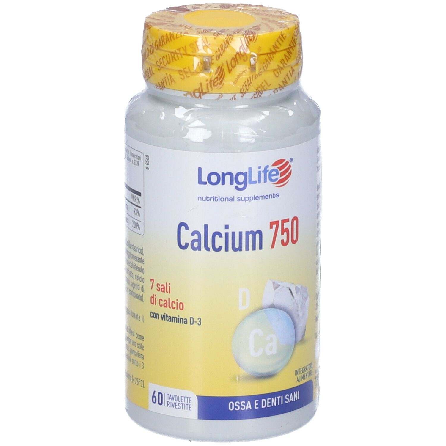 Flacone bianco con tappo giallo. Scritta: LongLife Calcium 750. Contiene 60 compresse. Sigillo sul coperchio.