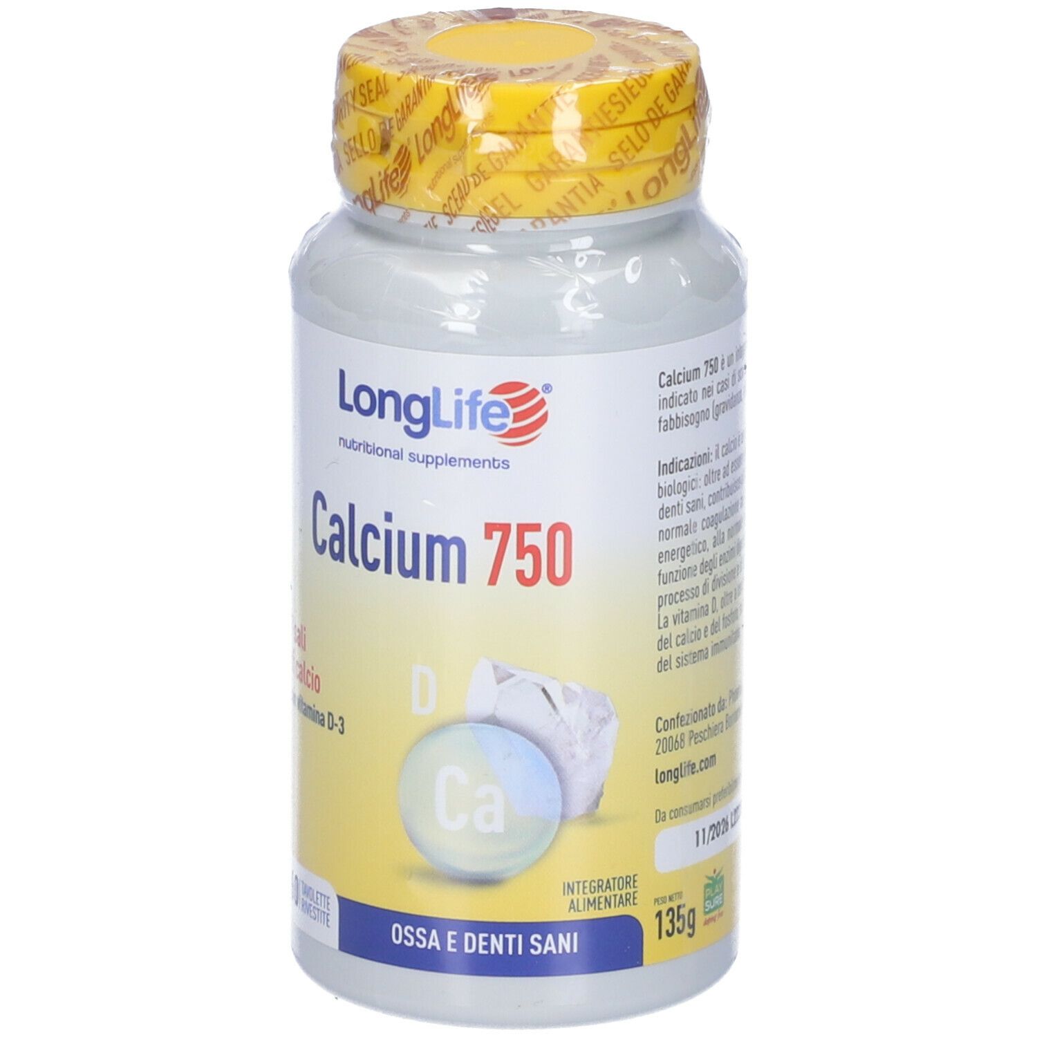 Flacone bianco con tappo giallo. Scritta: LongLife Calcium 750. Contiene 60 compresse. Informazioni sull'uso.