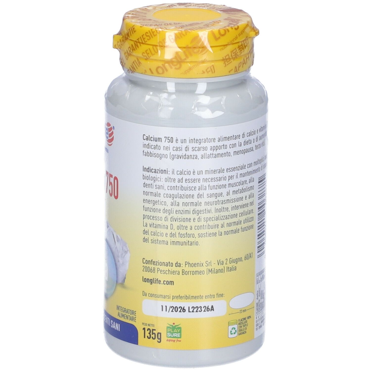 Retro del flacone. Contiene informazioni sugli ingredienti, i valori nutrizionali e le istruzioni per l'uso. Senza glutine e vegetariano.