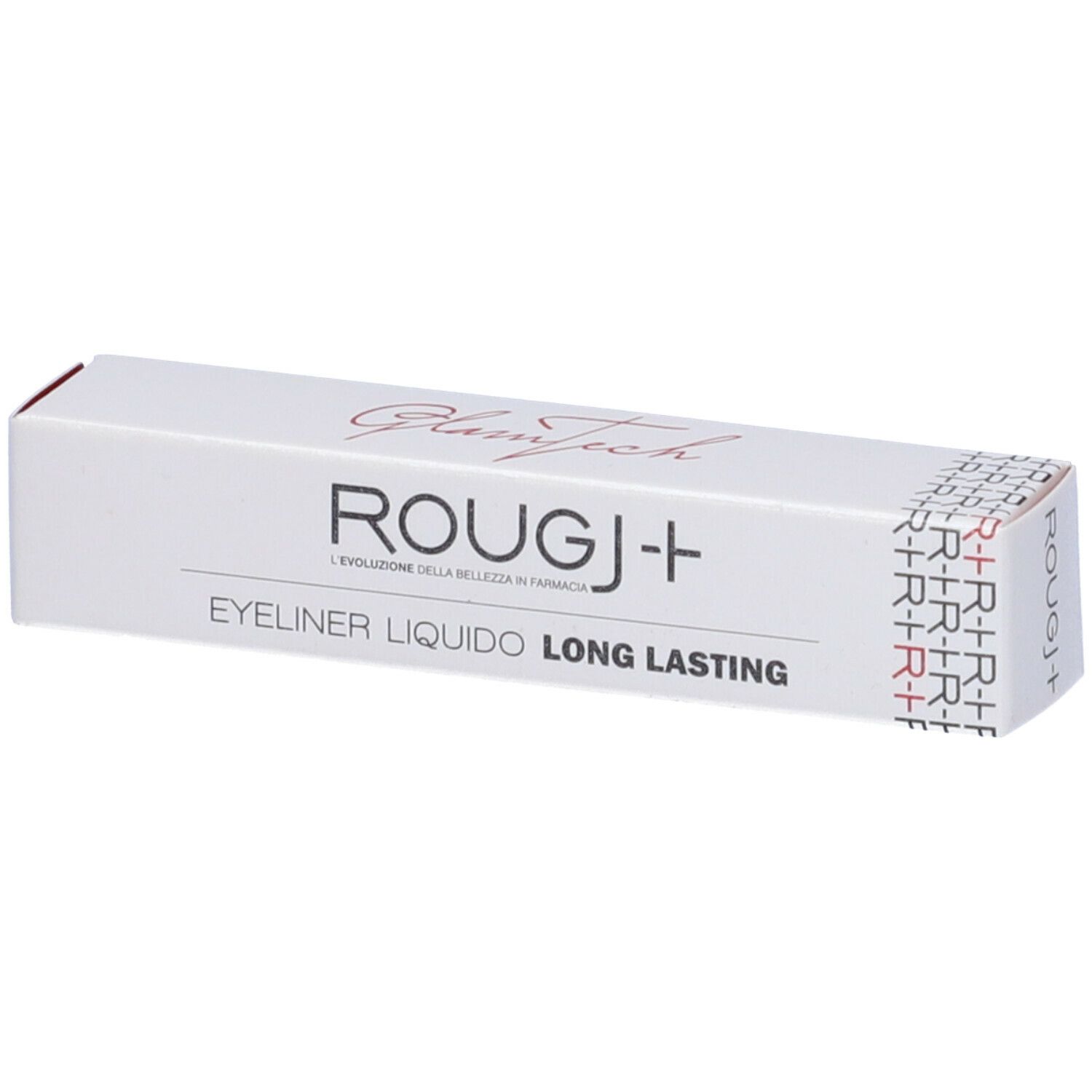 Confezione bianca con nome prodotto ROUGJ+ e testo. Scritto: Eyeliner Liquido Long Lasting.