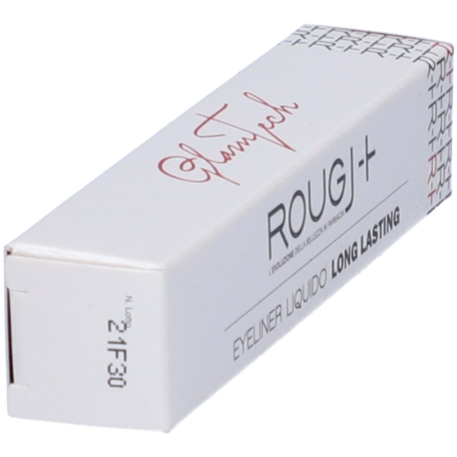 Confezione bianca con nome prodotto ROUGJ+ e testo. Scritto: Eyeliner Liquido Long Lasting. Vista angolata.