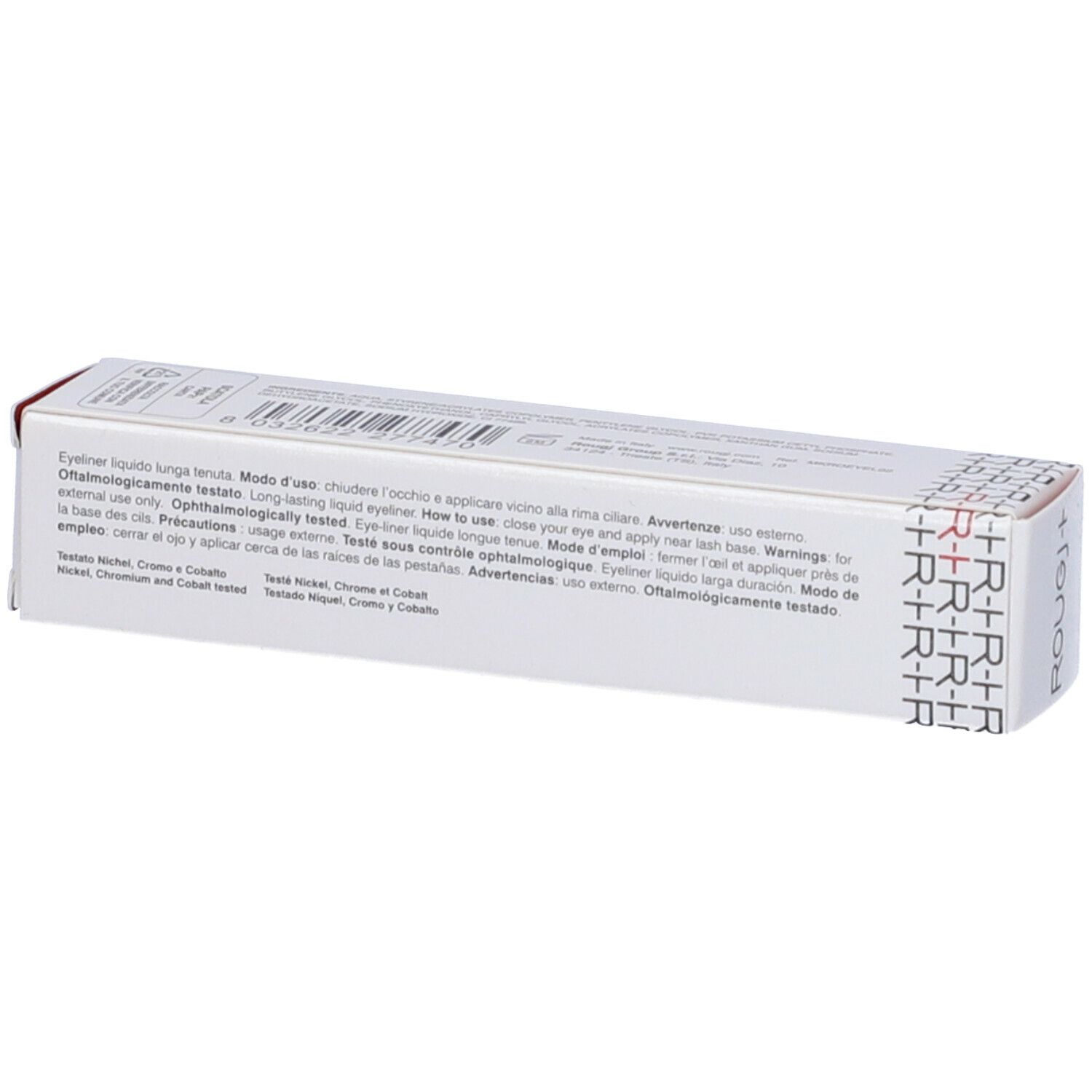 Confezione bianca con testo. Scritto: Eyeliner Liquido Long Lasting. Testo in più lingue.