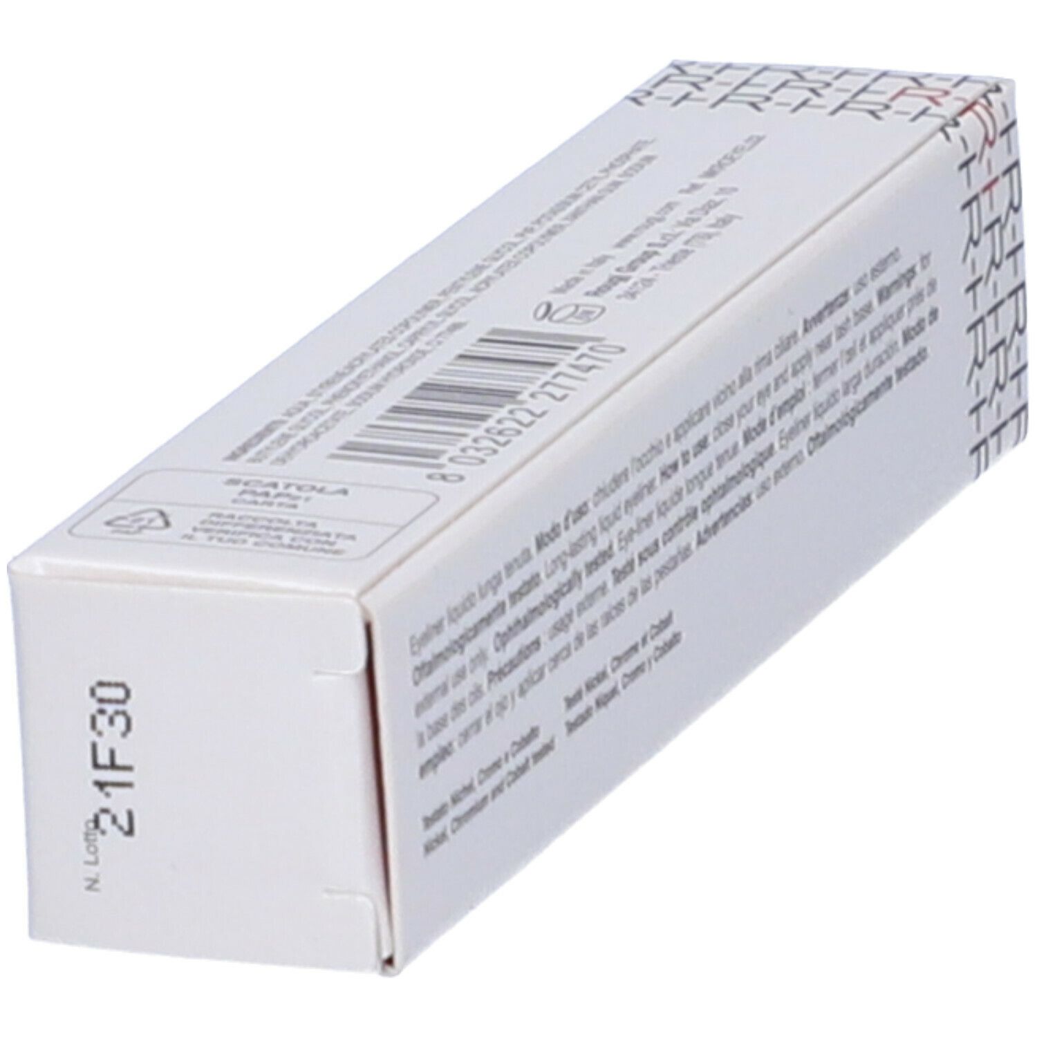 Confezione bianca con testo e codice a barre. Scritto: Eyeliner Liquido Long Lasting. Vista angolata.