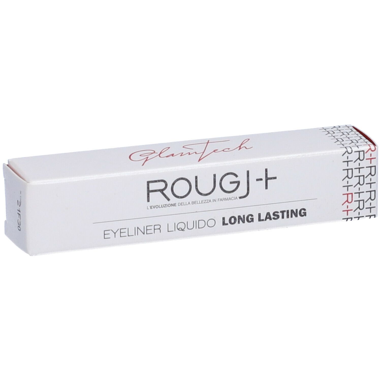 Confezione bianca con nome prodotto ROUGJ+ e testo. Scritto: Eyeliner Liquido Long Lasting.