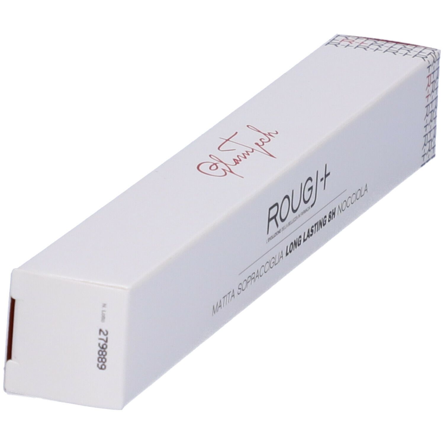 Confezione bianca inclinata con nome prodotto ROUGJ+ e descrizione. Testo: Matita Sopracciglia Long Lasting 8H Nocciola.