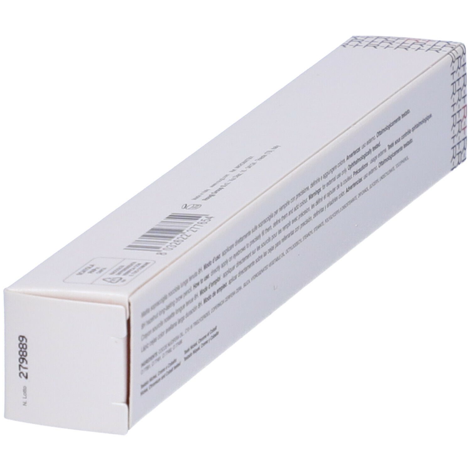 Confezione bianca inclinata con testo. Nome prodotto ROUGJ+ e descrizione. Testo: Matita Sopracciglia Long Lasting 8H Nocciola.