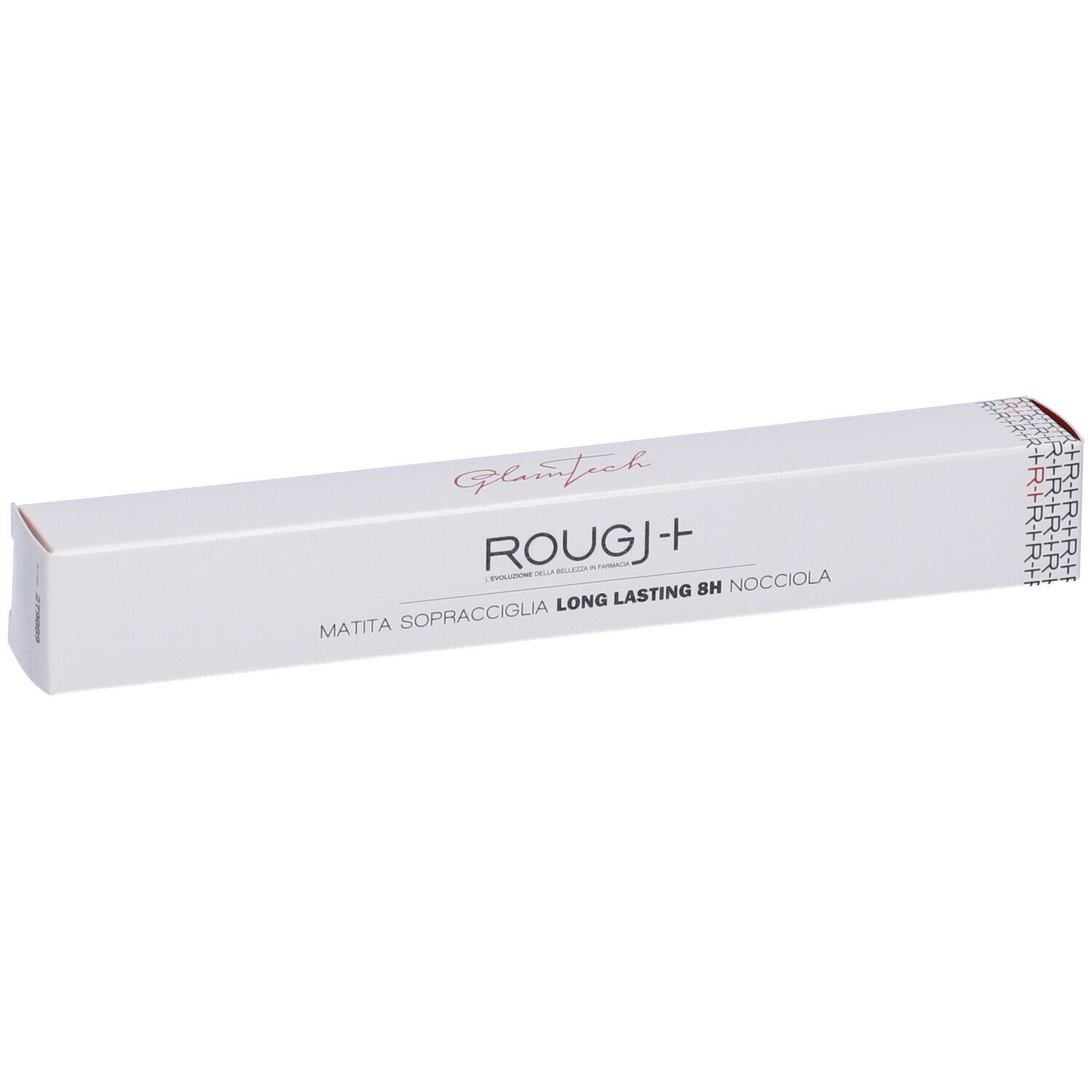 Confezione bianca con nome prodotto ROUGJ+ e descrizione. Testo: Matita Sopracciglia Long Lasting 8H Nocciola.