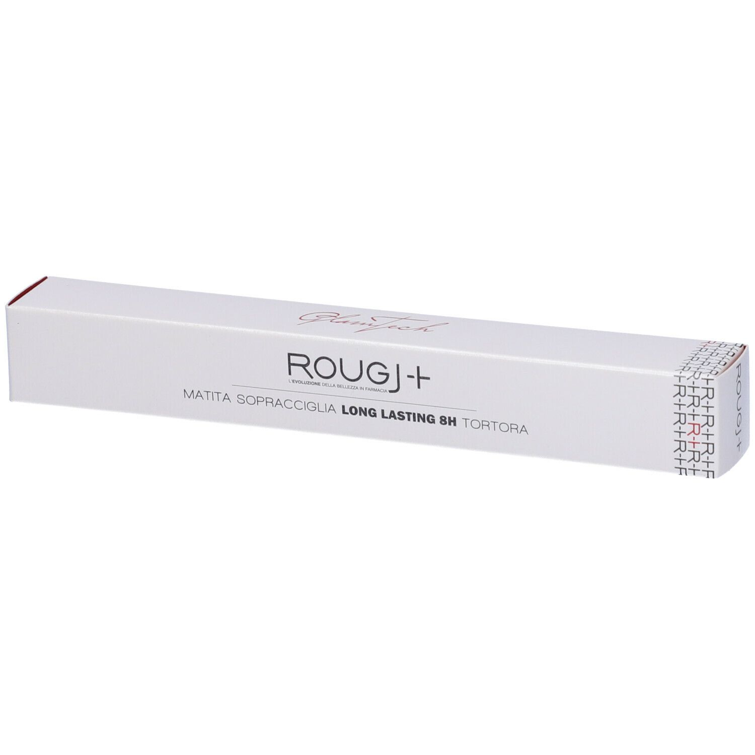 Confezione bianca con nome del prodotto e testo. Scritta: ROUGJ+ MATITA SOPRACCIGLIA LONG LASTING 8H TORTORA.