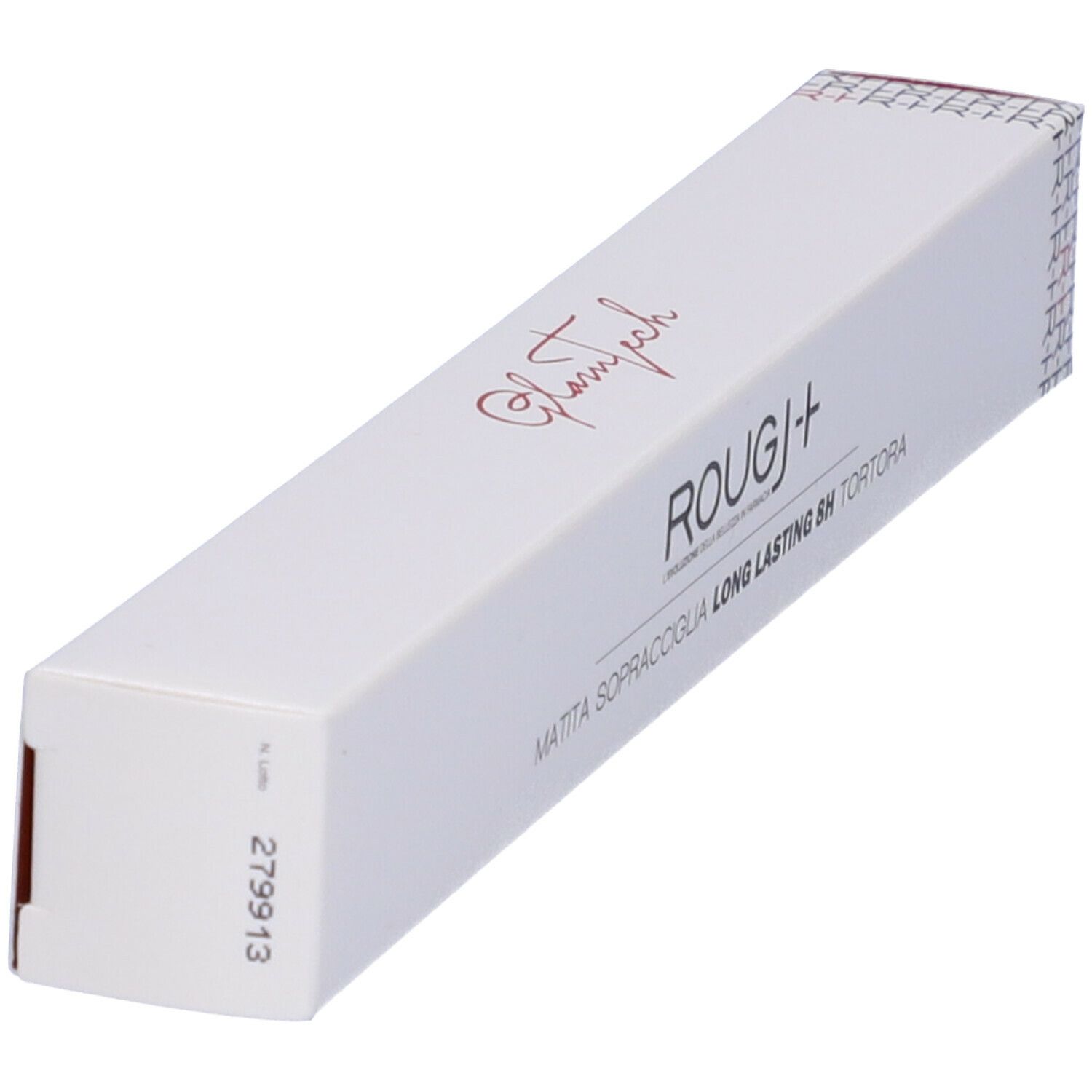 Confezione bianca inclinata con nome del prodotto e testo. Scritta: ROUGJ+ MATITA SOPRACCIGLIA LONG LASTING 8H TORTORA.